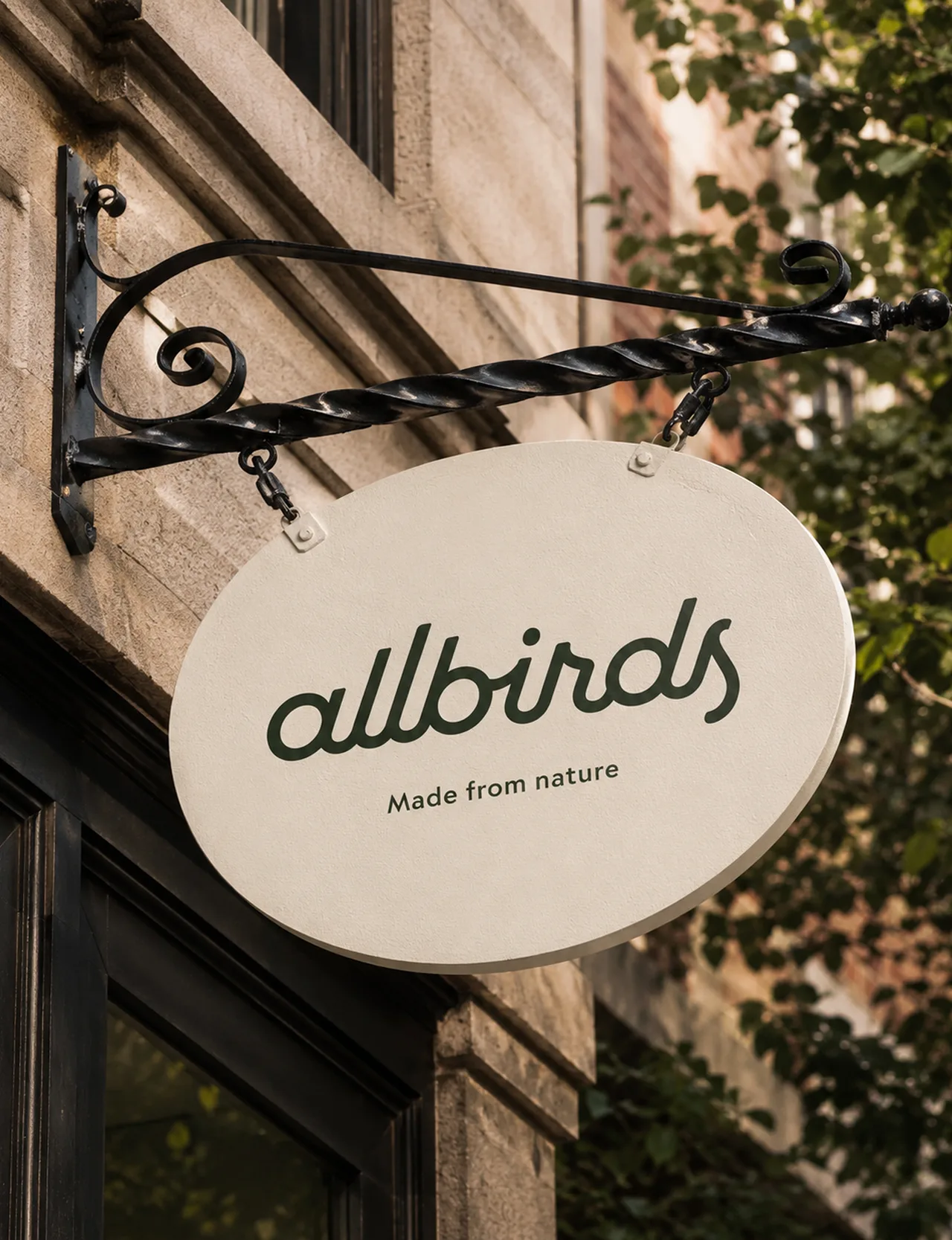 Allbirds — Storefront sign reading Made from nature
