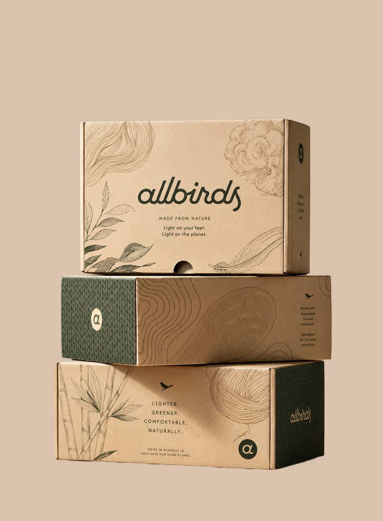 Allbirds — Stack of kraft and olive shoeboxes from the packaging system