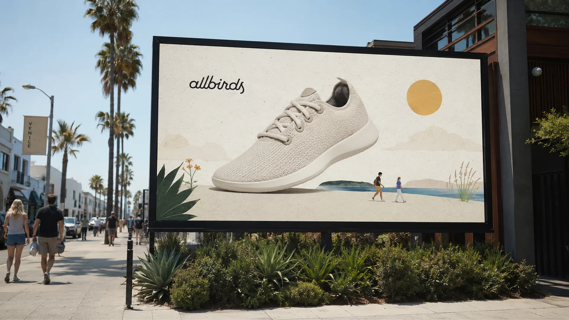 Allbirds — Boardwalk billboard with a sunlit coastal illustration