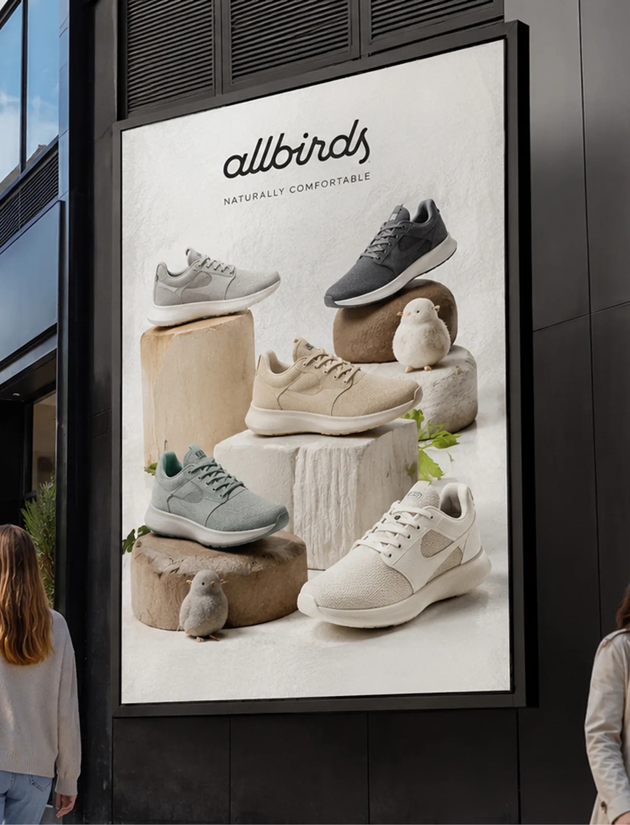 Allbirds — Naturally Comfortable display poster with the range on stone plinths