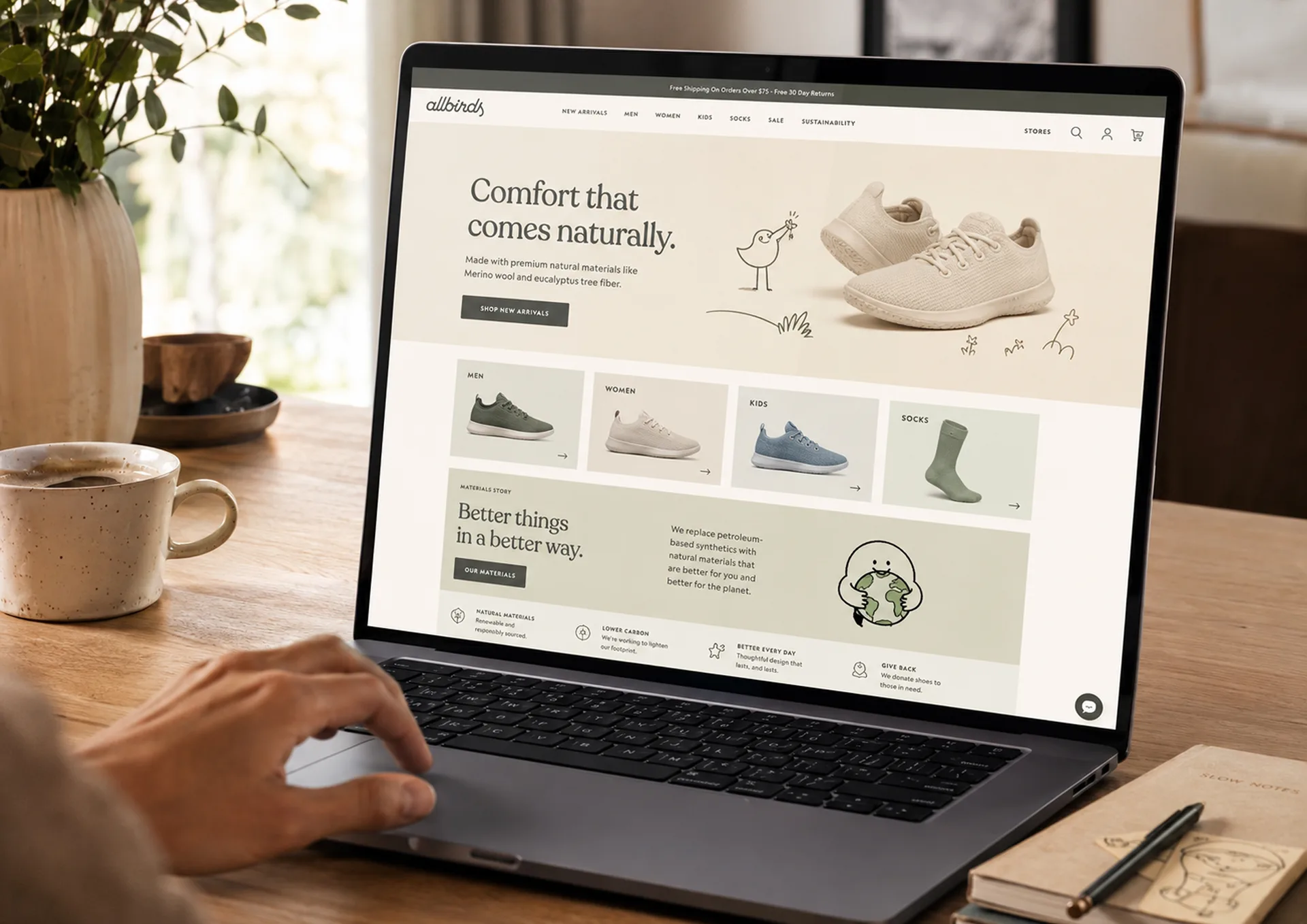 Allbirds — E-commerce homepage on a laptop