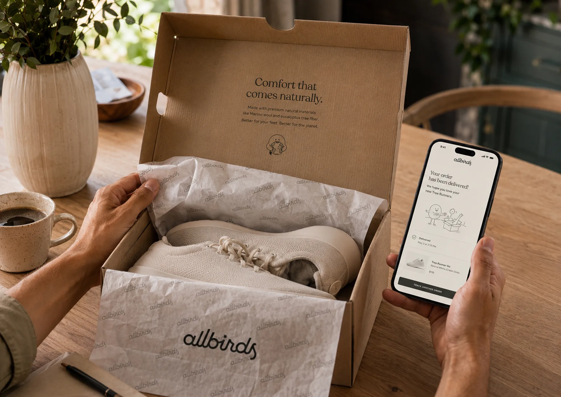 Allbirds — Unboxing the kraft shoebox with order tracking on phone