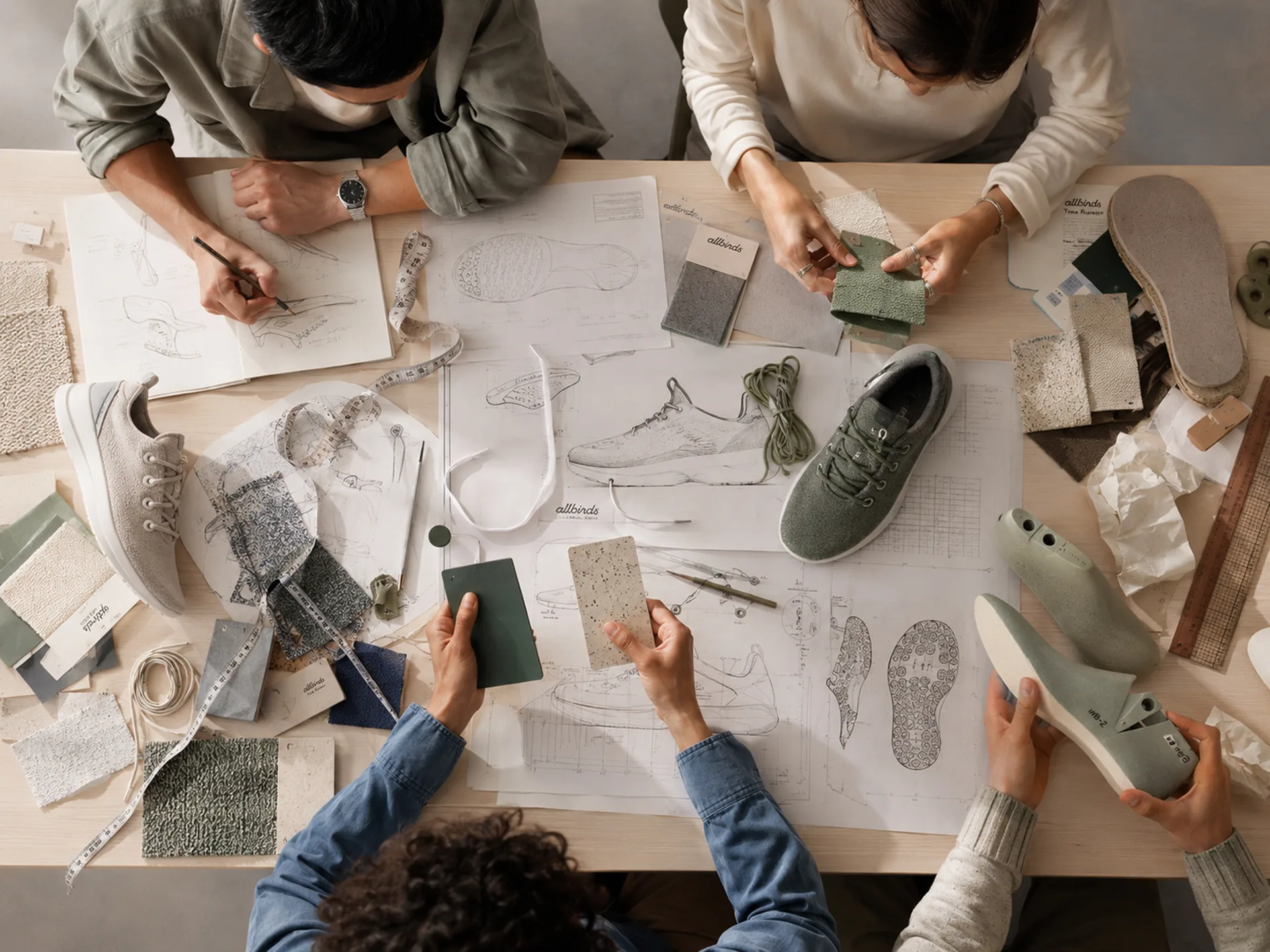 Allbirds — Overhead view of the design studio with sketches and material samples