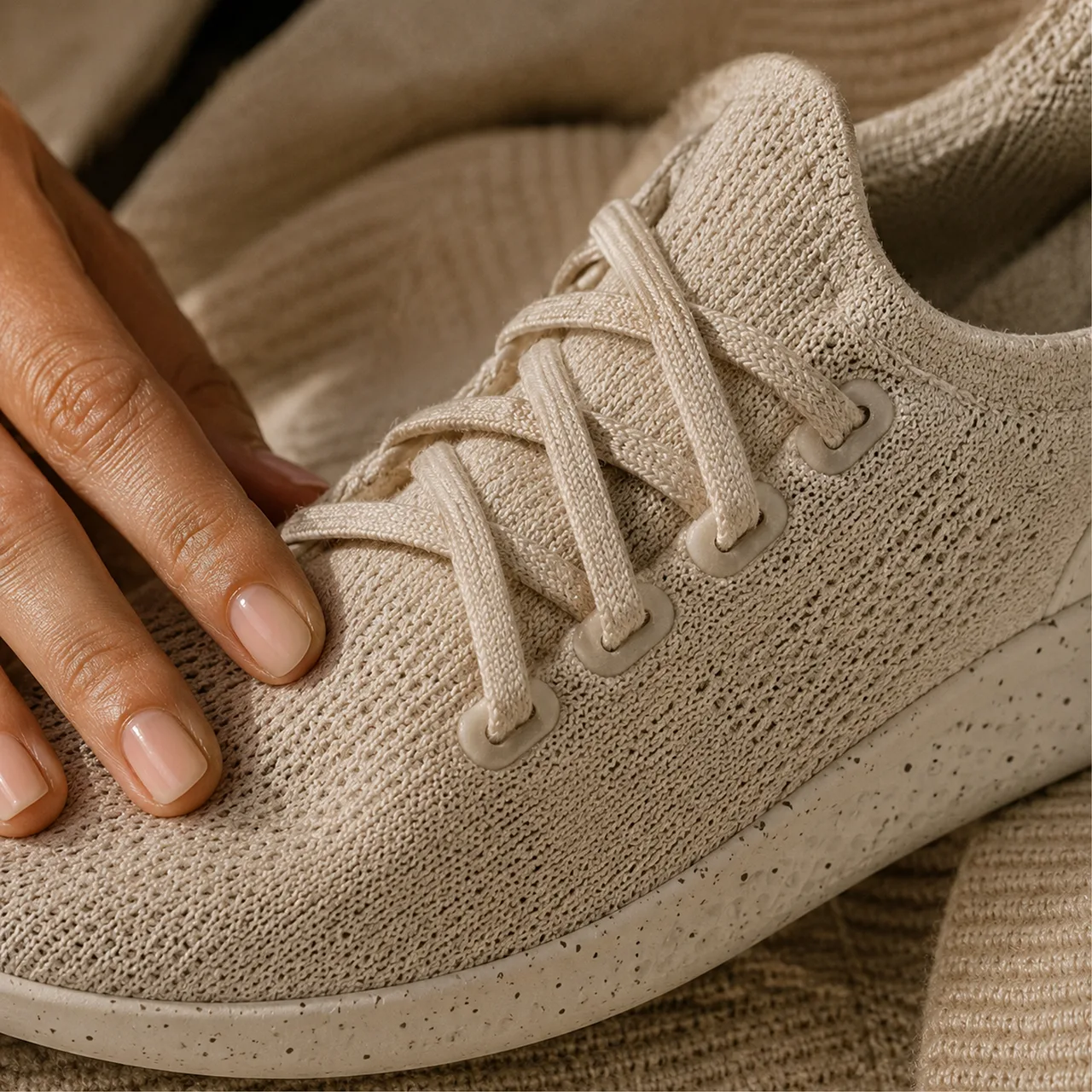 Allbirds — Close detail of the natural knit upper and laces