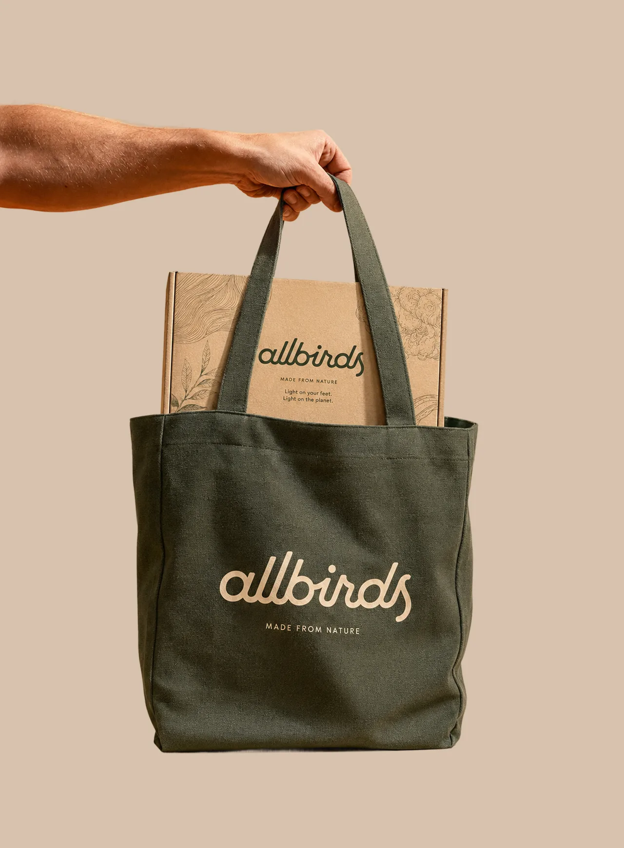 Allbirds — Olive canvas tote and kraft shoebox with botanical illustration