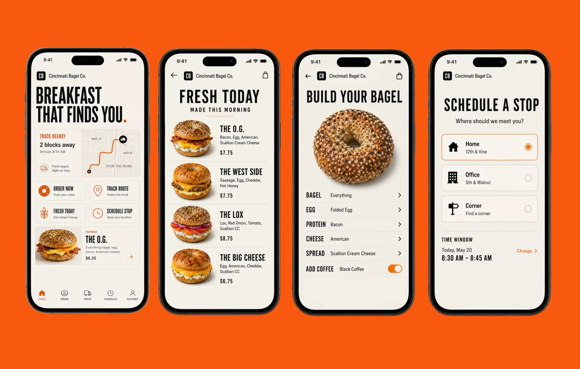 The Cincinnati Bagel Co. — The Cincinnati Bagel Co. mobile app screens on an orange background