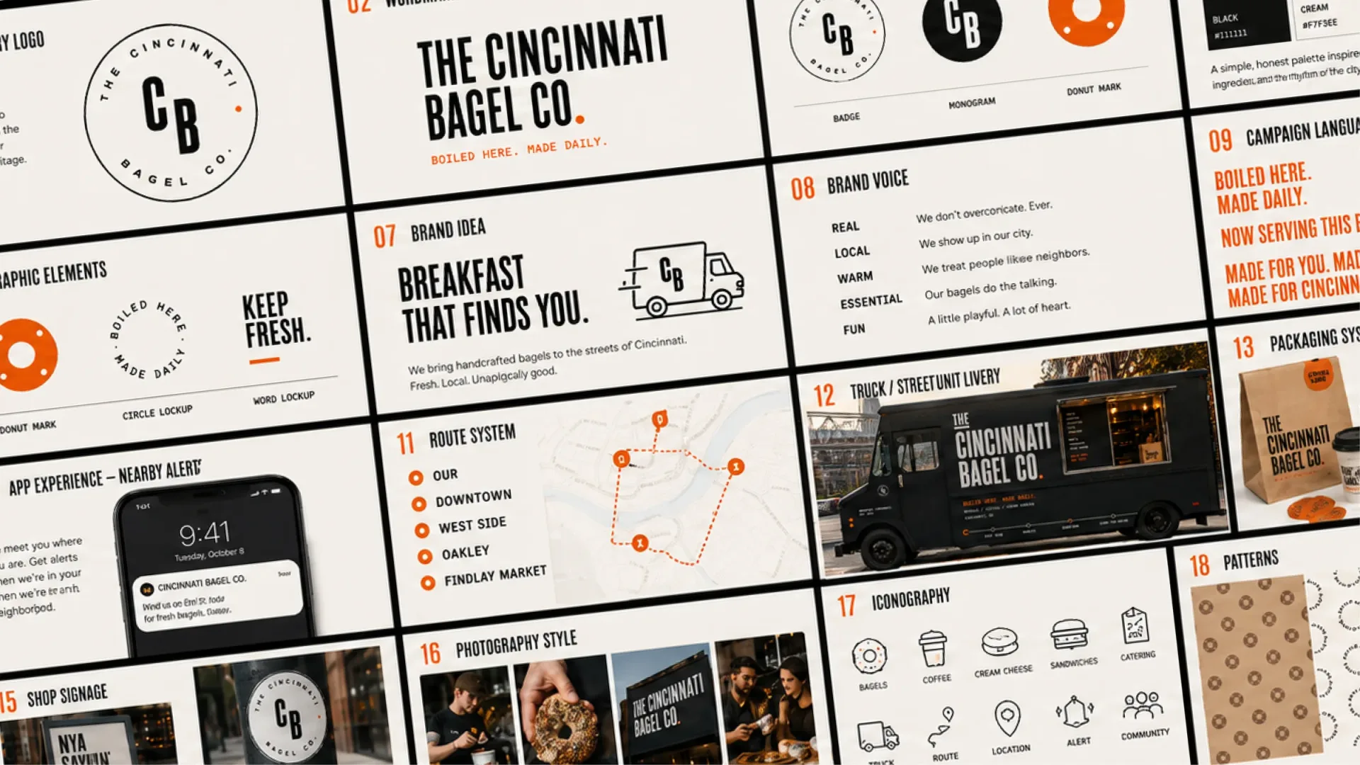 The Cincinnati Bagel Co. — The Cincinnati Bagel Co. brand guidelines board with logo, route system, truck livery, packaging, iconography, and app concepts