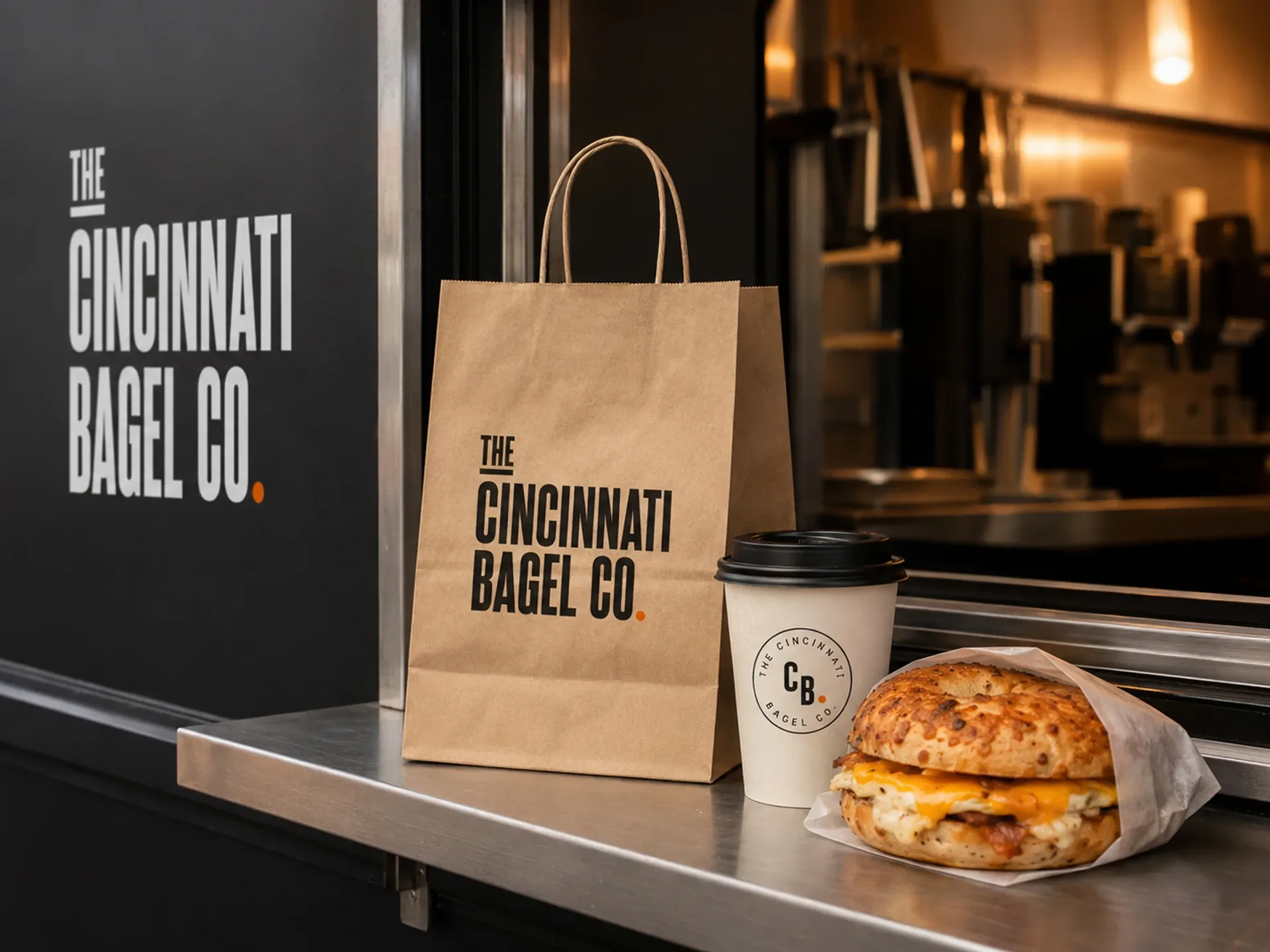 The Cincinnati Bagel Co. — A Cincinnati Bagel Co. bag, coffee cup, and sandwich on the shop counter
