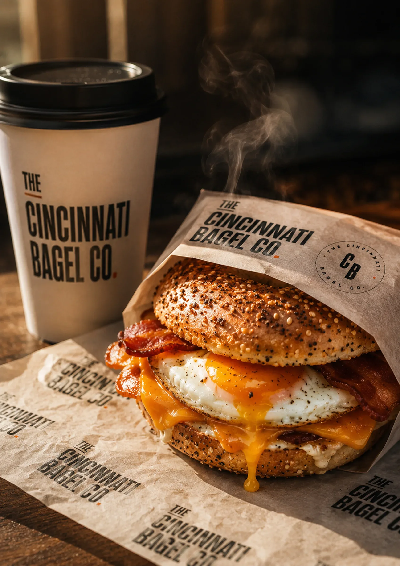 The Cincinnati Bagel Co. — A Cincinnati Bagel Co. coffee cup beside a wrapped breakfast sandwich on branded paper