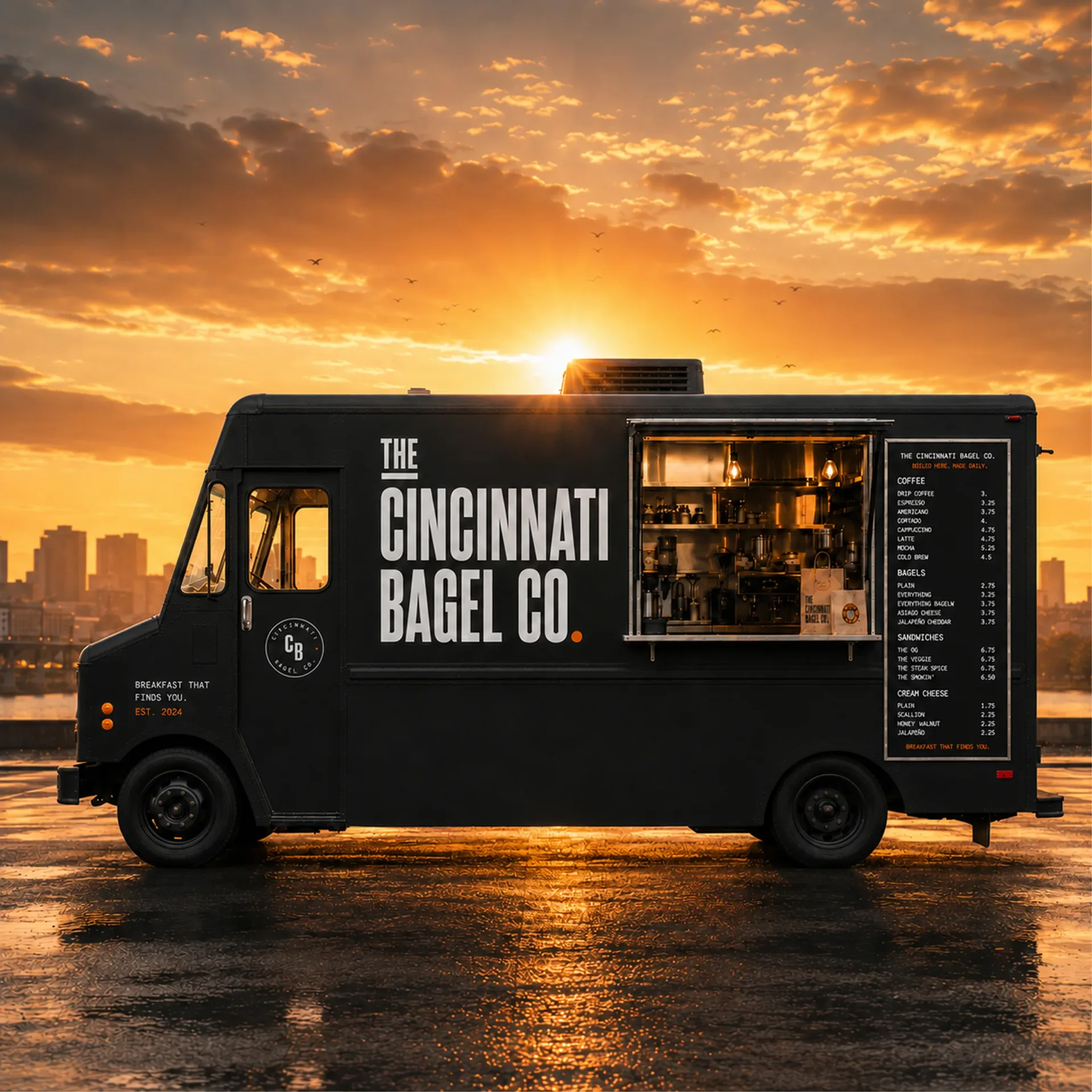Cincinnati Bagel Co. food truck at sunset
