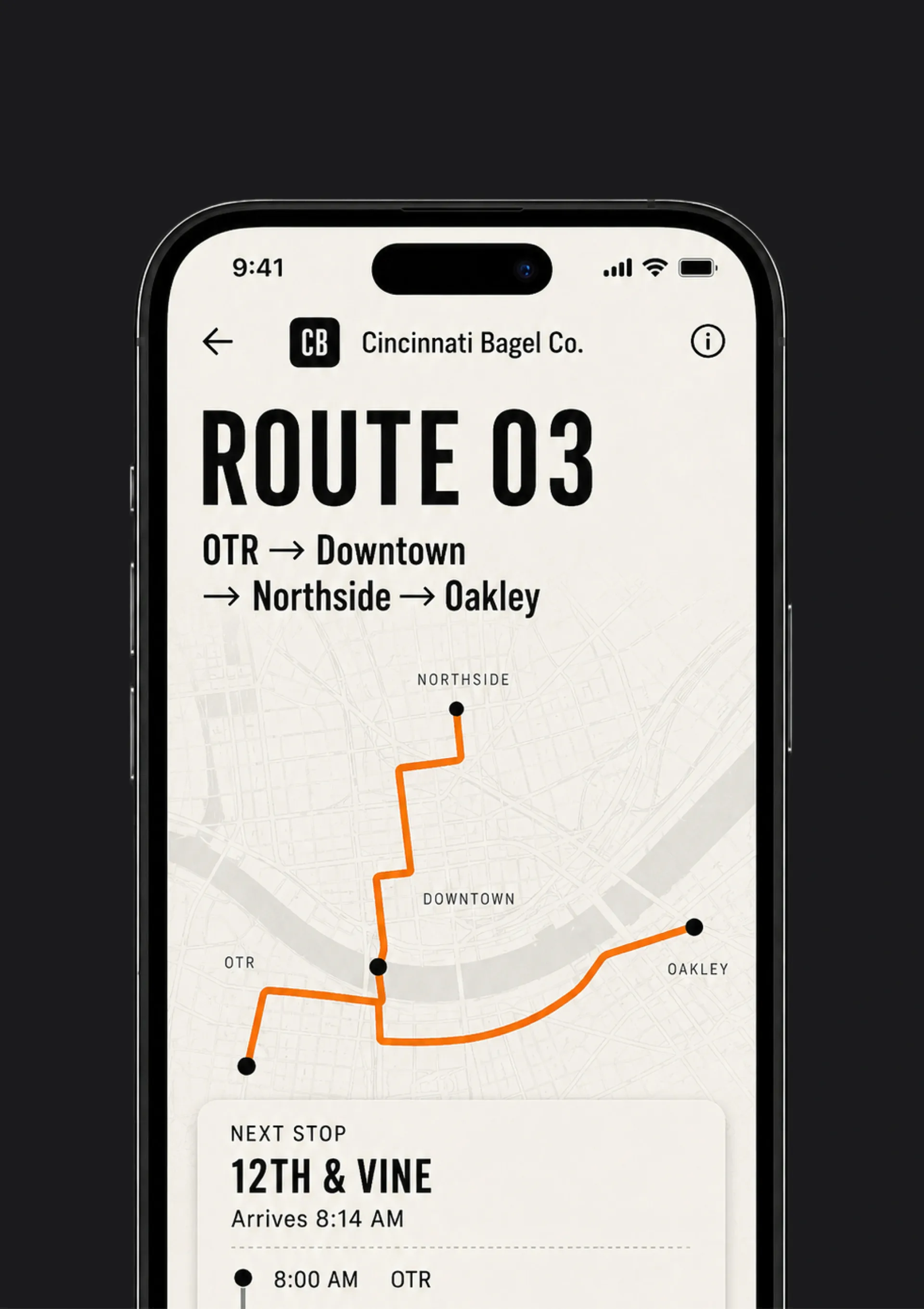 The Cincinnati Bagel Co. — The Cincinnati Bagel Co. Route 03 app screen with an orange delivery map