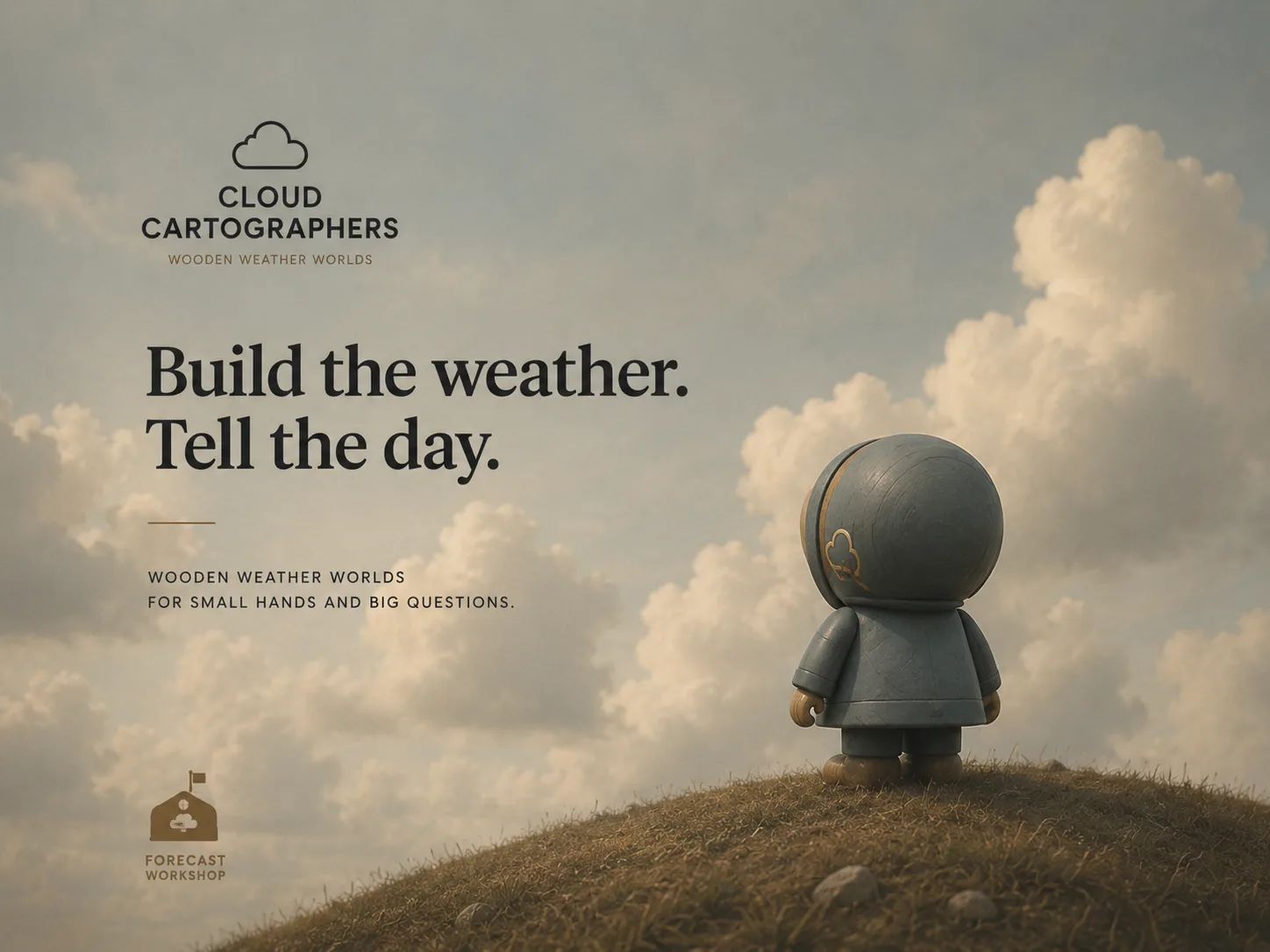 Cloud Cartographers — Campaign image showing the Cloud Cartographers character looking at clouds with the message Build the weather. Tell the day.
