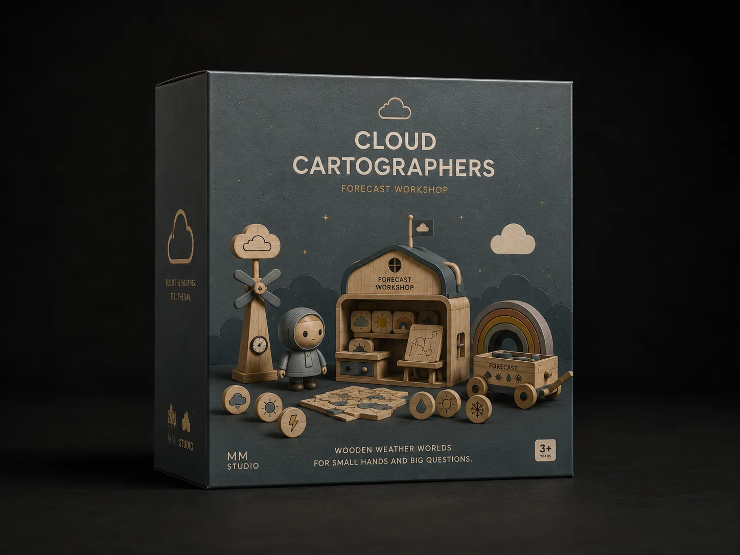Cloud Cartographers — Forecast Workshop packaging box for Cloud Cartographers with toy world illustration