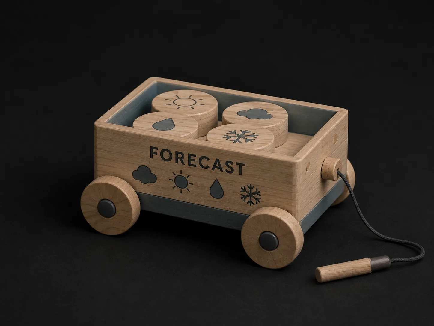 Cloud Cartographers — Wooden Forecast Wagon toy with weather tokens in a rolling cart