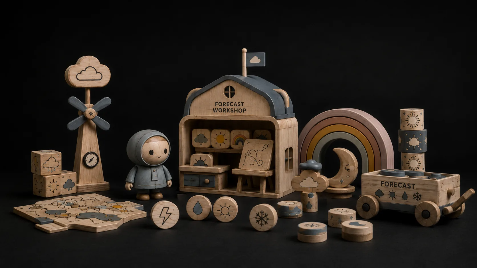 Cloud Cartographers — Full modular Cloud Cartographers wooden toy world with houses, wagons, weather tokens, towers, maps, and rainbow pieces