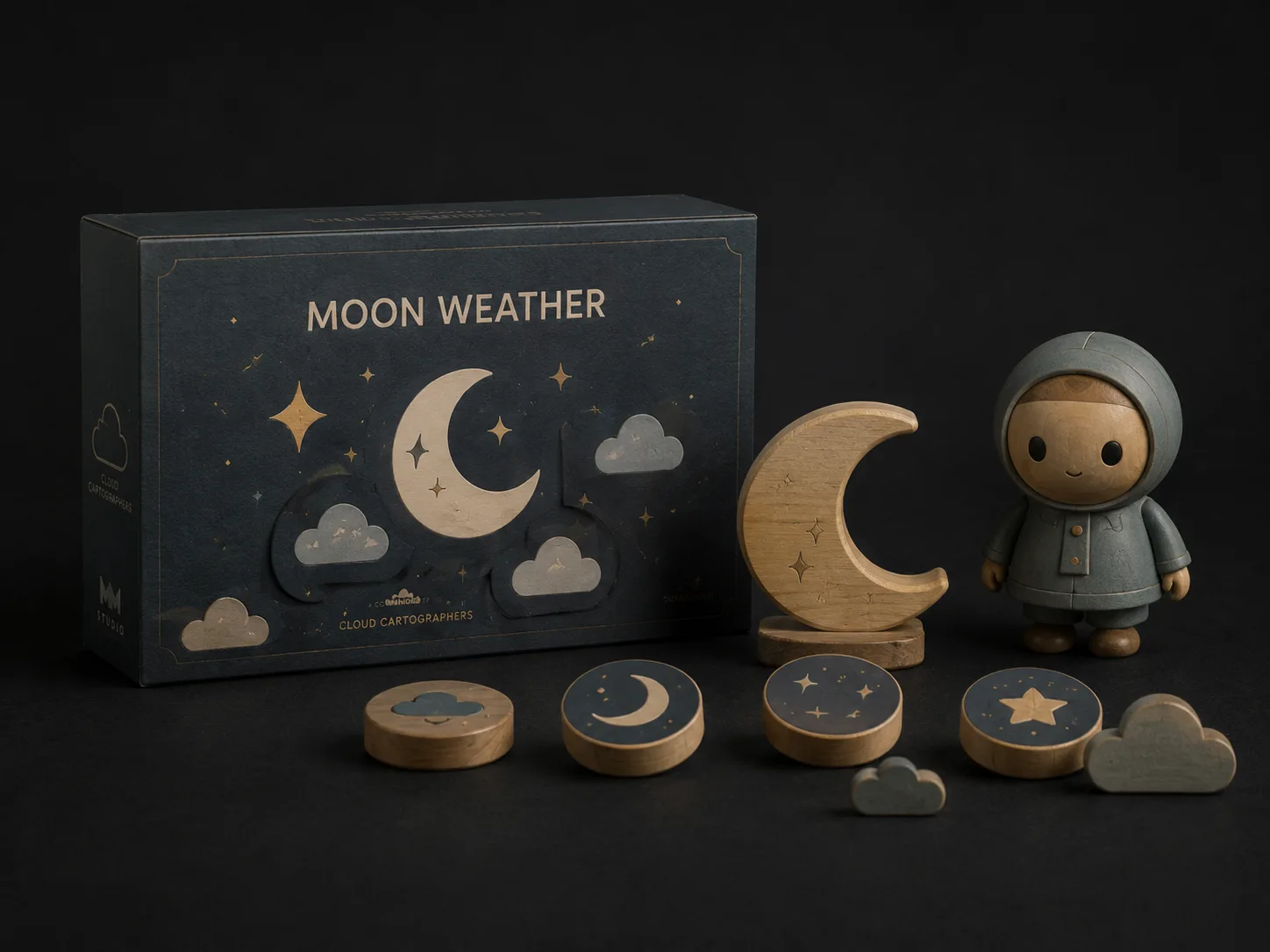 Cloud Cartographers — Moon Weather companion set with moon, stars, clouds, weather tokens, character, and packaging