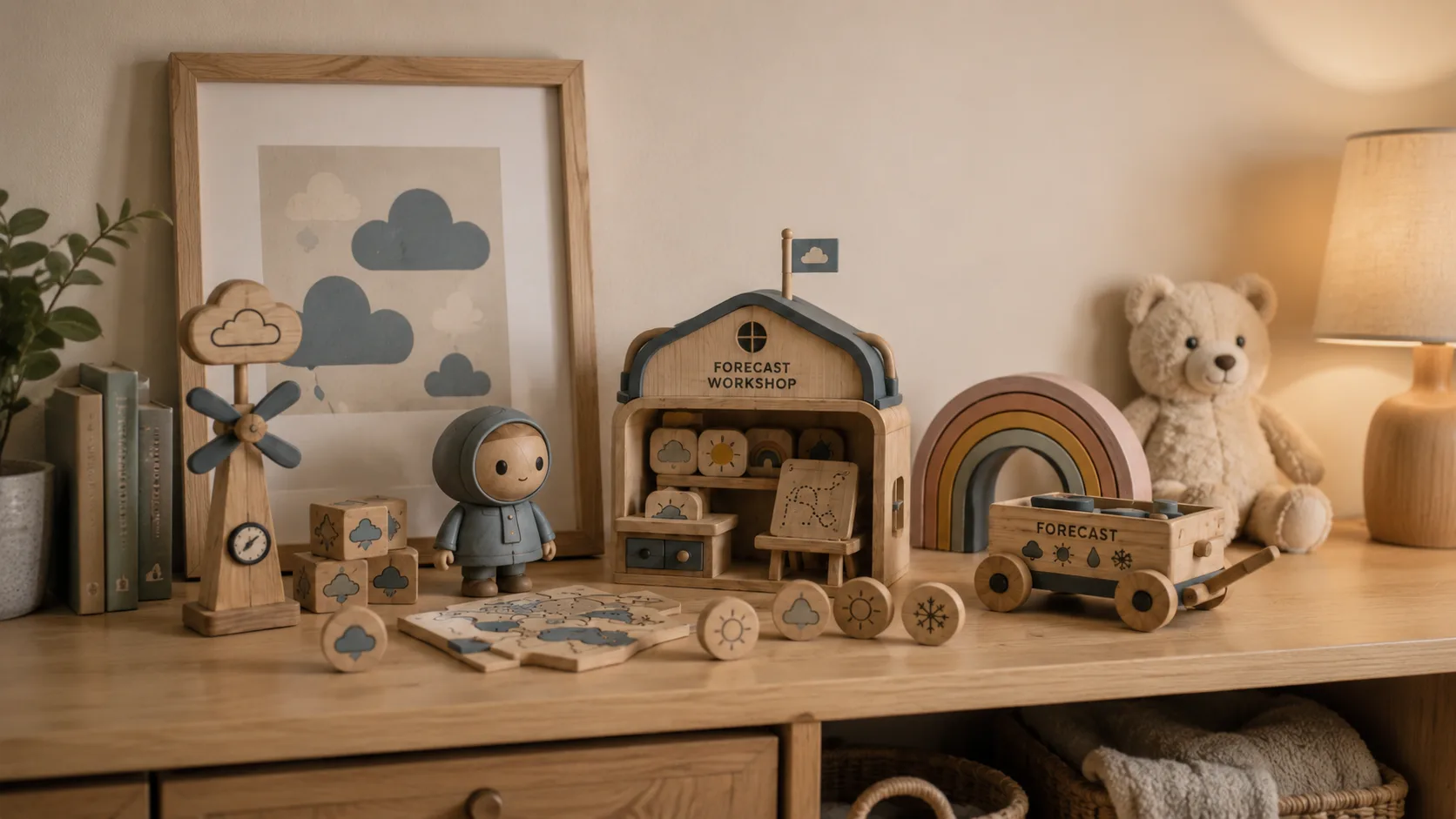 Cloud Cartographers — Cloud Cartographers toy world arranged in a warm nursery shelf vignette