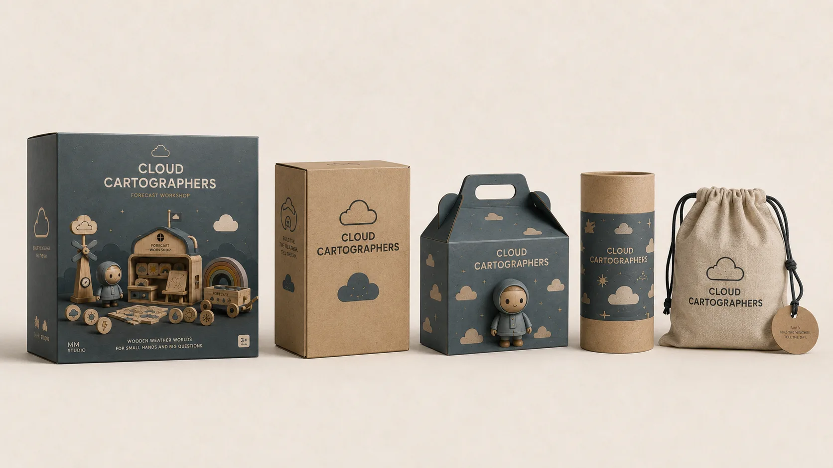 Cloud Cartographers — Cloud Cartographers packaging archive with retail boxes, kraft package, handled carton, tube, and fabric drawstring bag