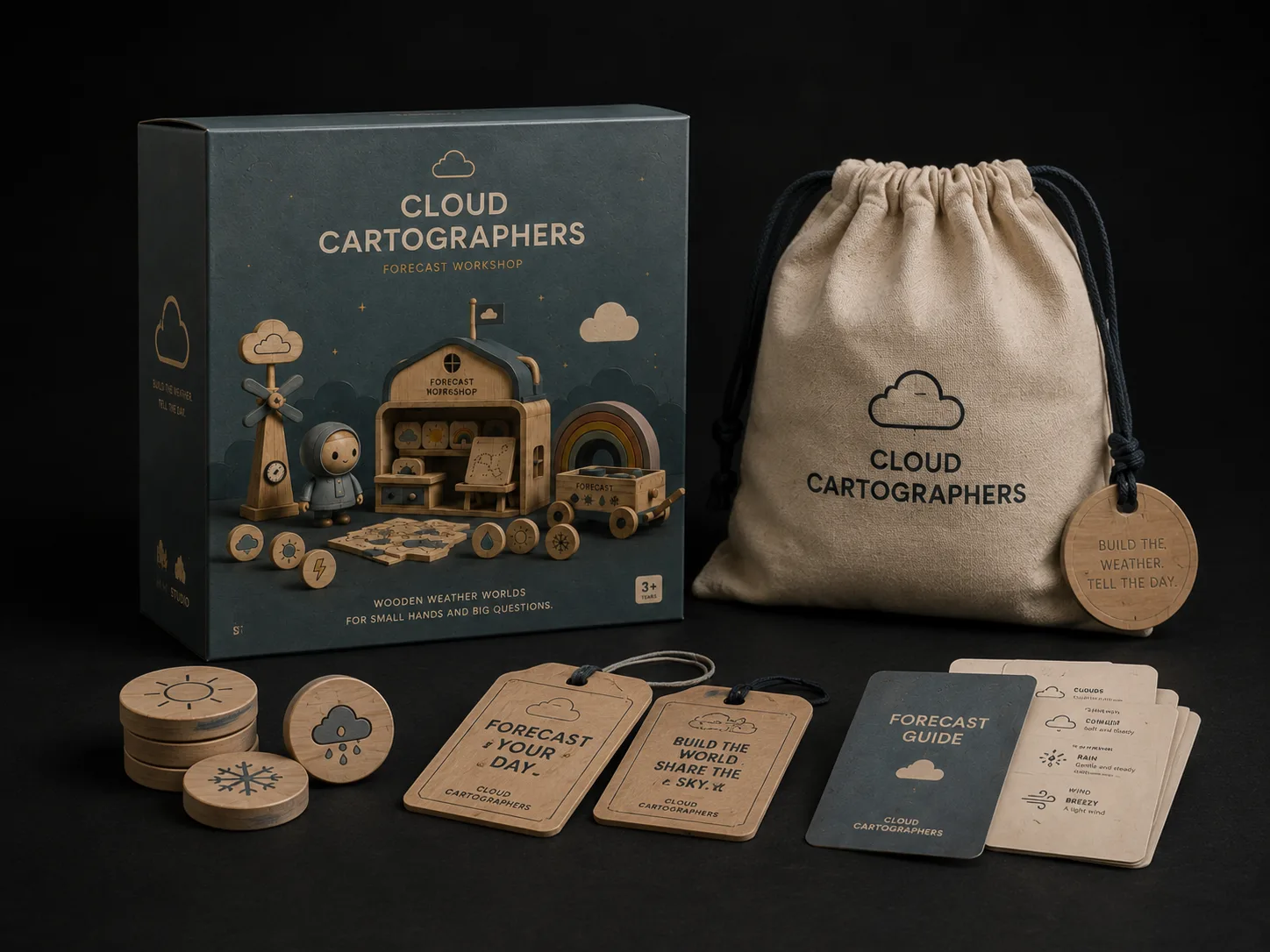 Cloud Cartographers — Cloud Cartographers packaging artifacts including box, fabric bag, weather tokens, printed cards, and hanging tag