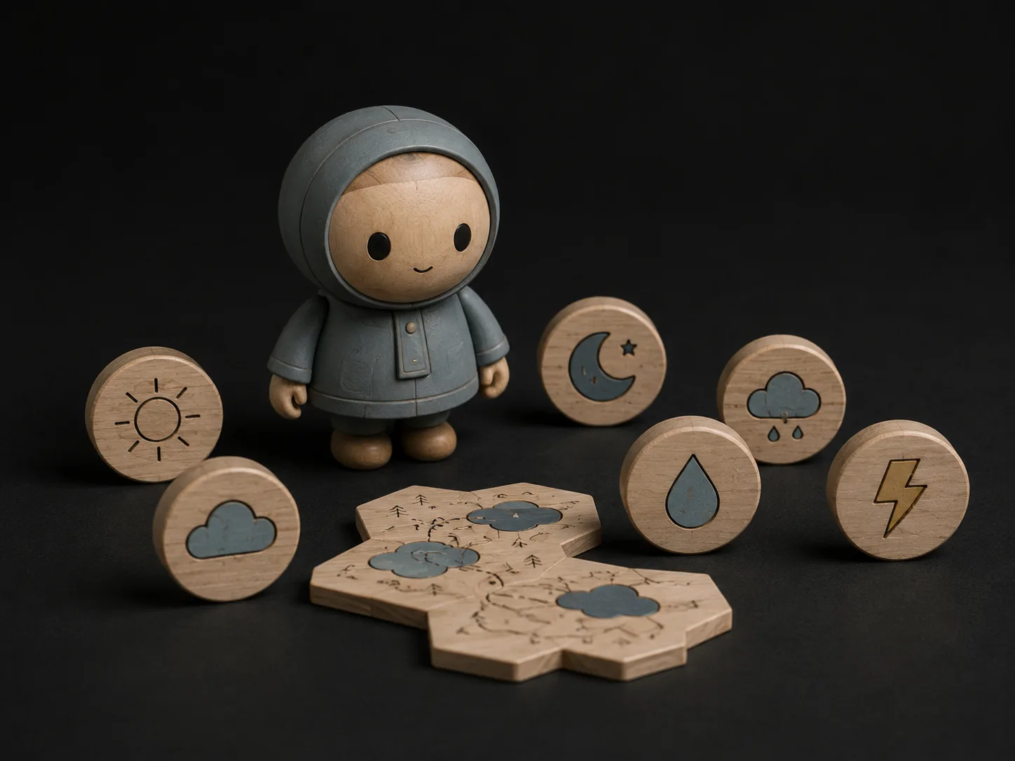 Cloud Cartographers — Pip character with round wooden weather tokens showing sun, clouds, lightning, and snowflake icons