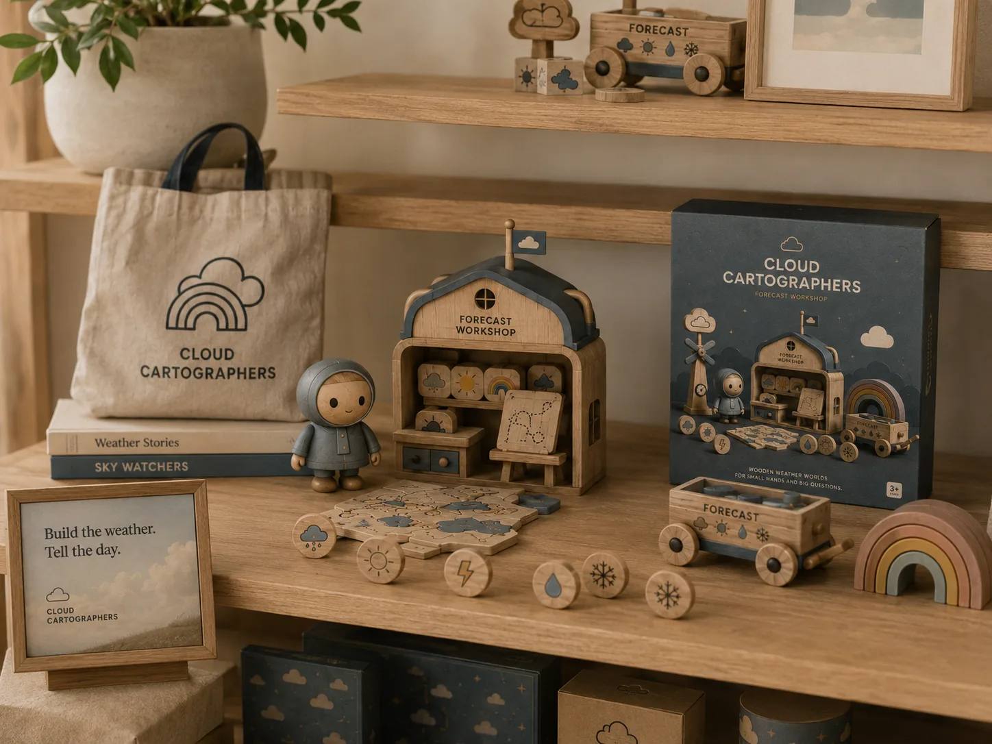 Cloud Cartographers — Cloud Cartographers retail display with toys, tote, packaging, framed art, and nursery shelf styling