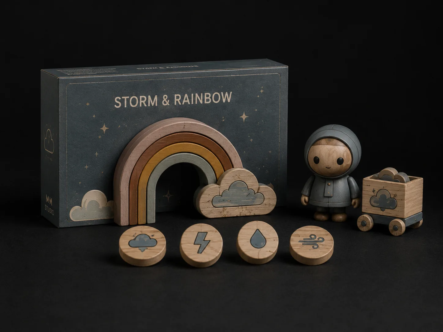 Cloud Cartographers — Storm and Rainbow companion set with wooden rainbow, clouds, weather tokens, wagon, character, and packaging