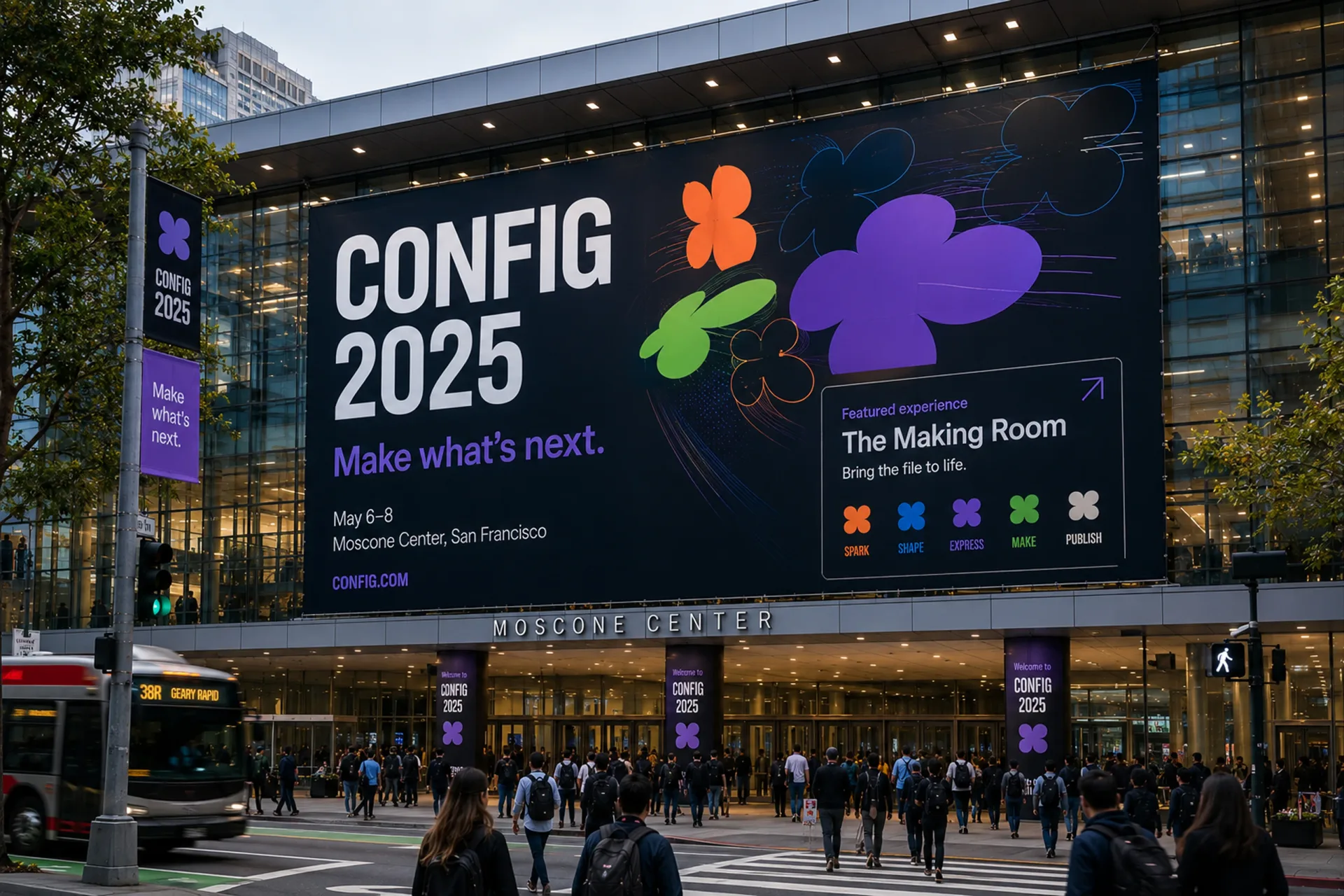Config 2025 — Config 2025 exterior facade with large event graphics and The Making Room signage