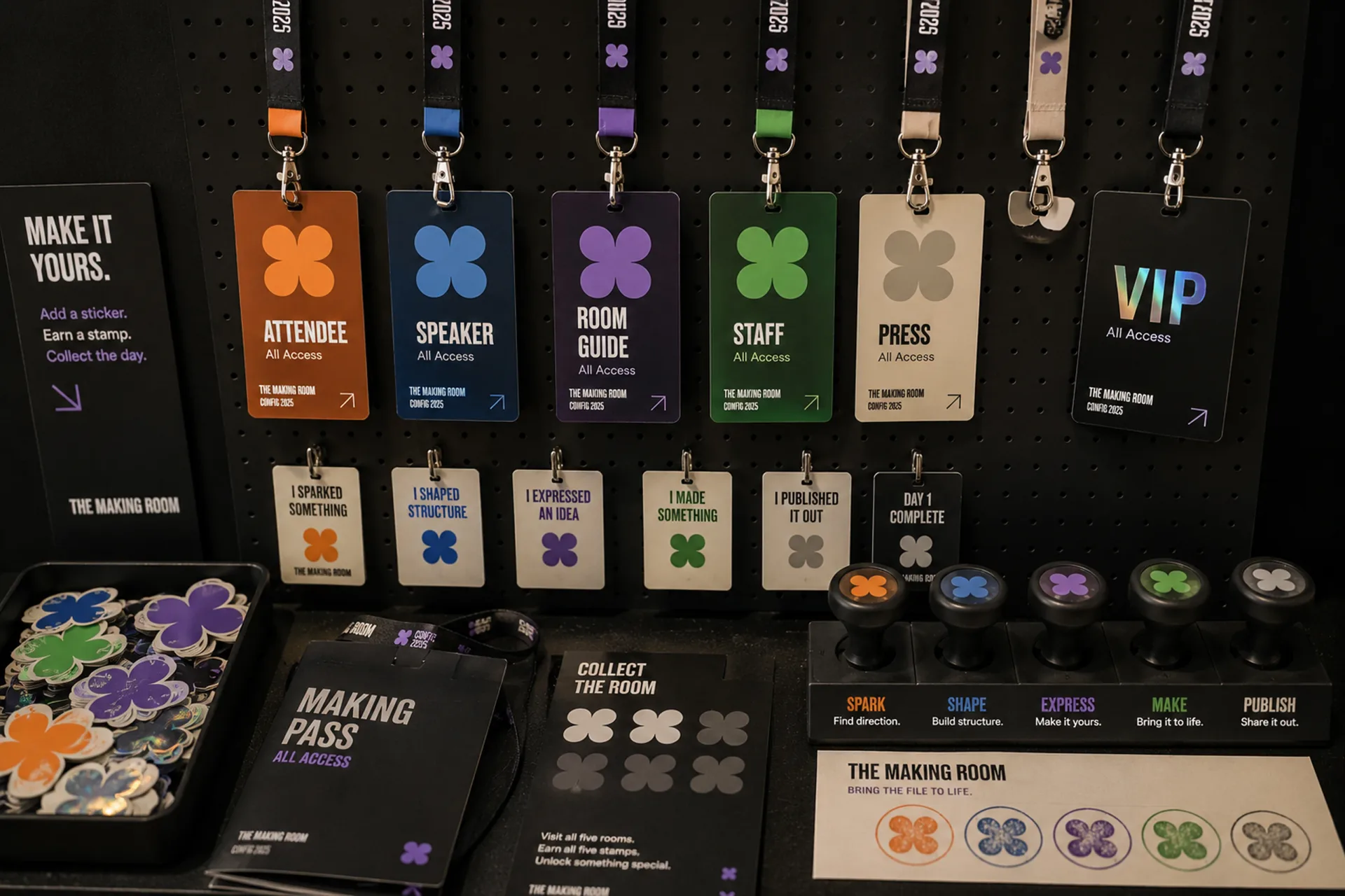 Config 2025 — Config 2025 credential kit with attendee, speaker, room guide, staff, press, and VIP badges