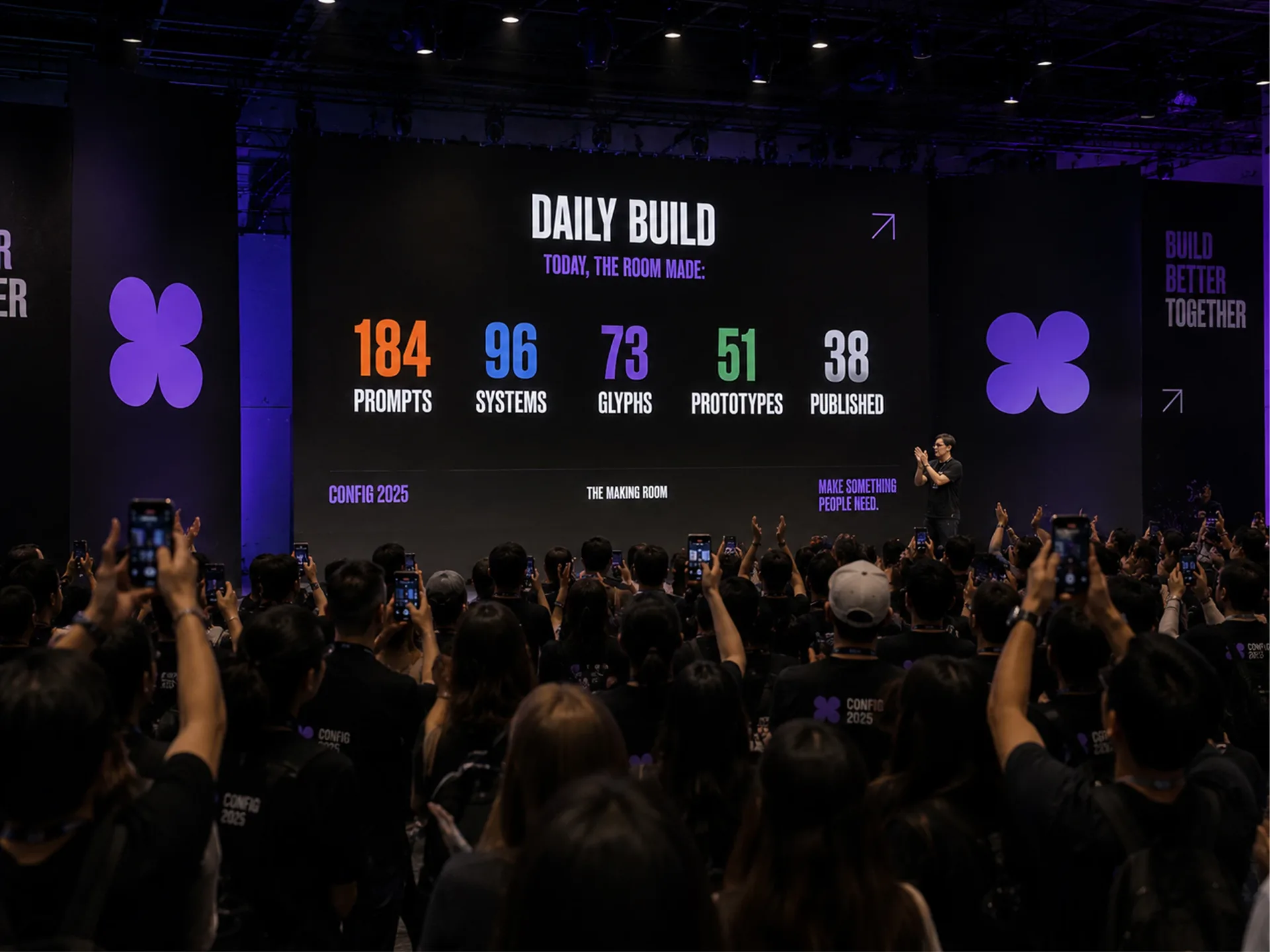 Config 2025 — Config 2025 Daily Build stage screen with counts for prompts, systems, layers, prototypes, and published work