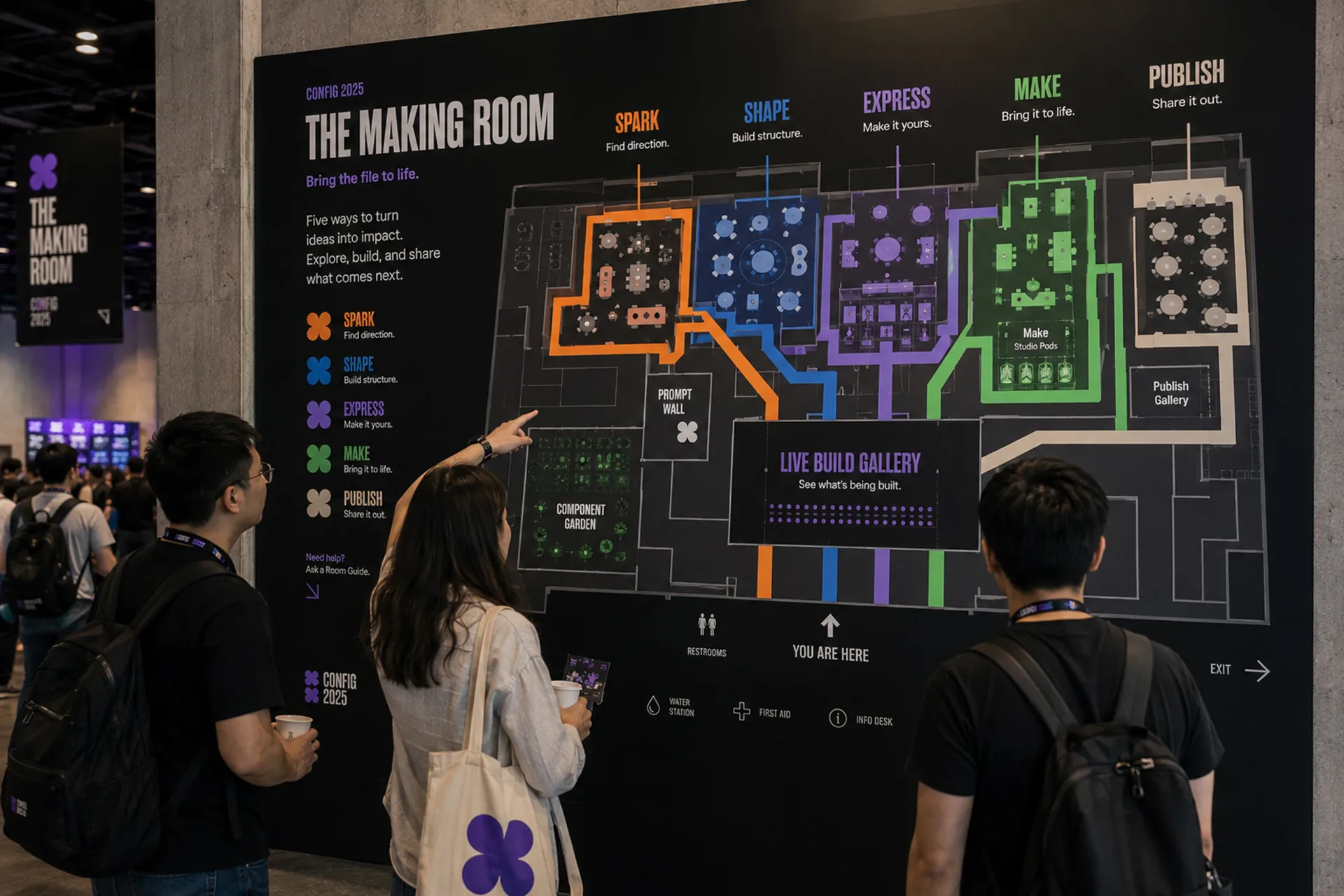 Config 2025 — Config 2025 Making Room floorplan wall with Spark, Shape, Express, Make, and Publish zones