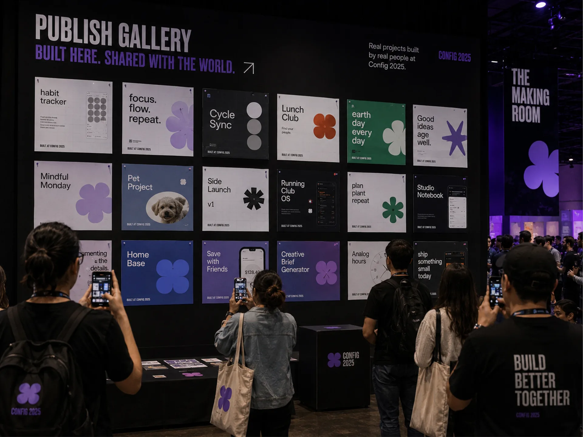 Config 2025 — Config 2025 Publish Gallery wall showing participant outputs and visitors photographing the work