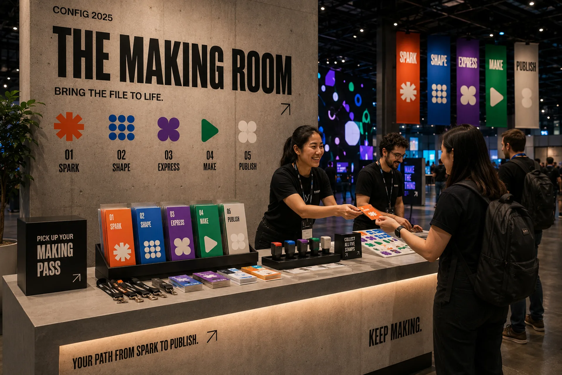 Config 2025 — Config 2025 Making Room welcome counter with color-coded activity panels and attendee check-in