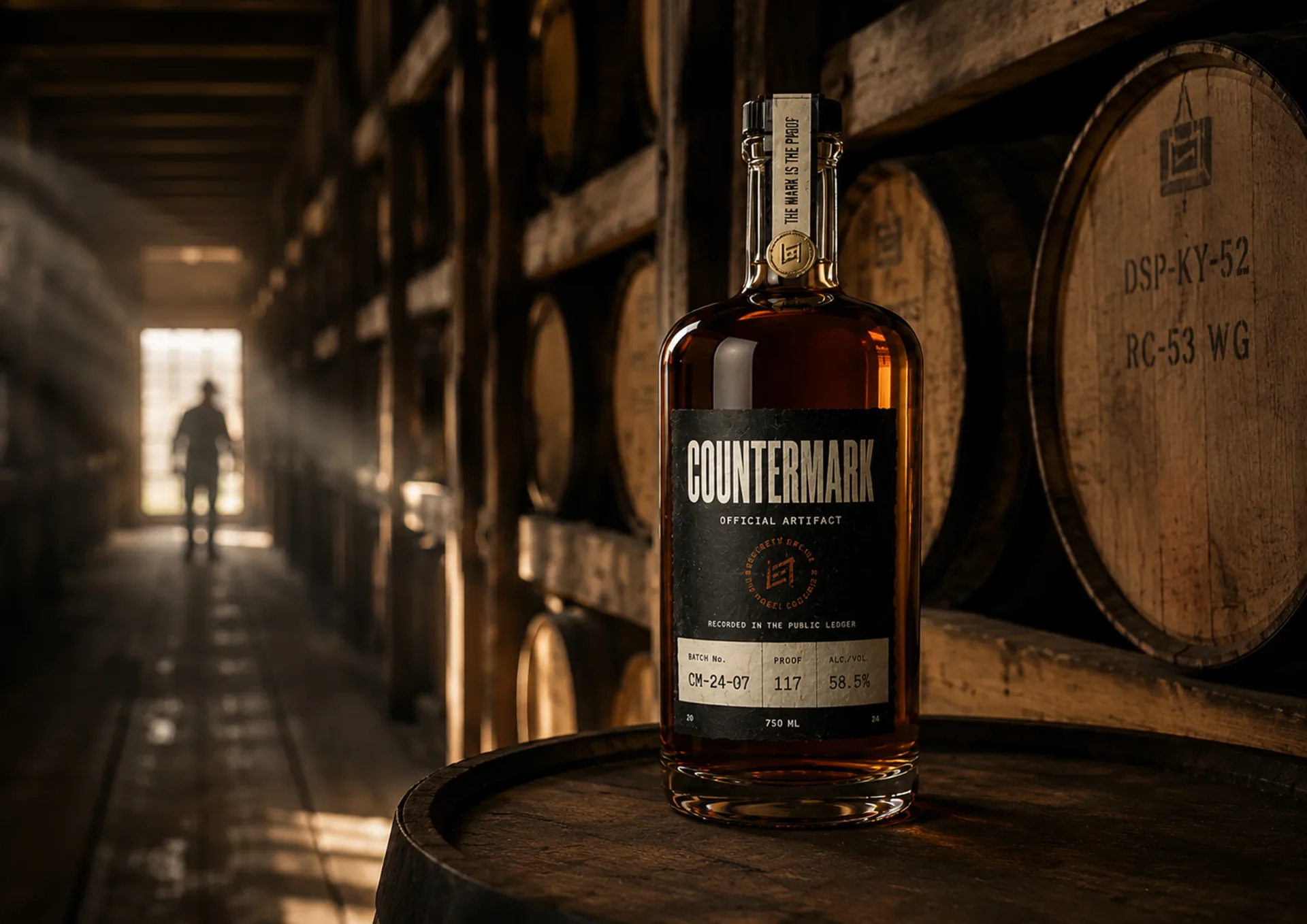 Countermark — Countermark bottle staged beside barrels in a dim barrel room