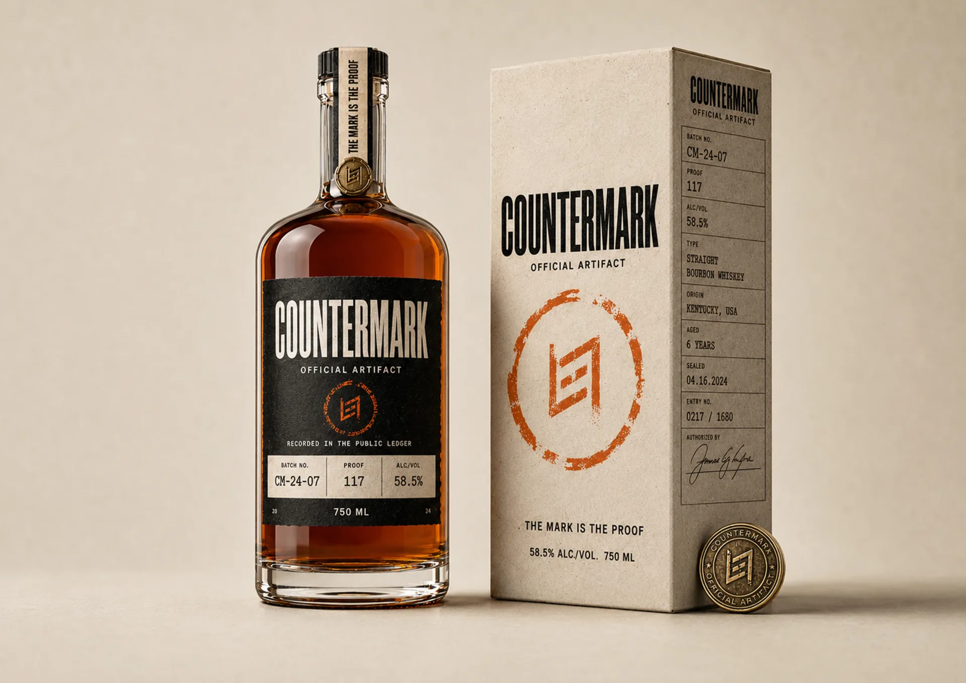Countermark — Countermark bottle, package, and seal arranged on a clean studio background