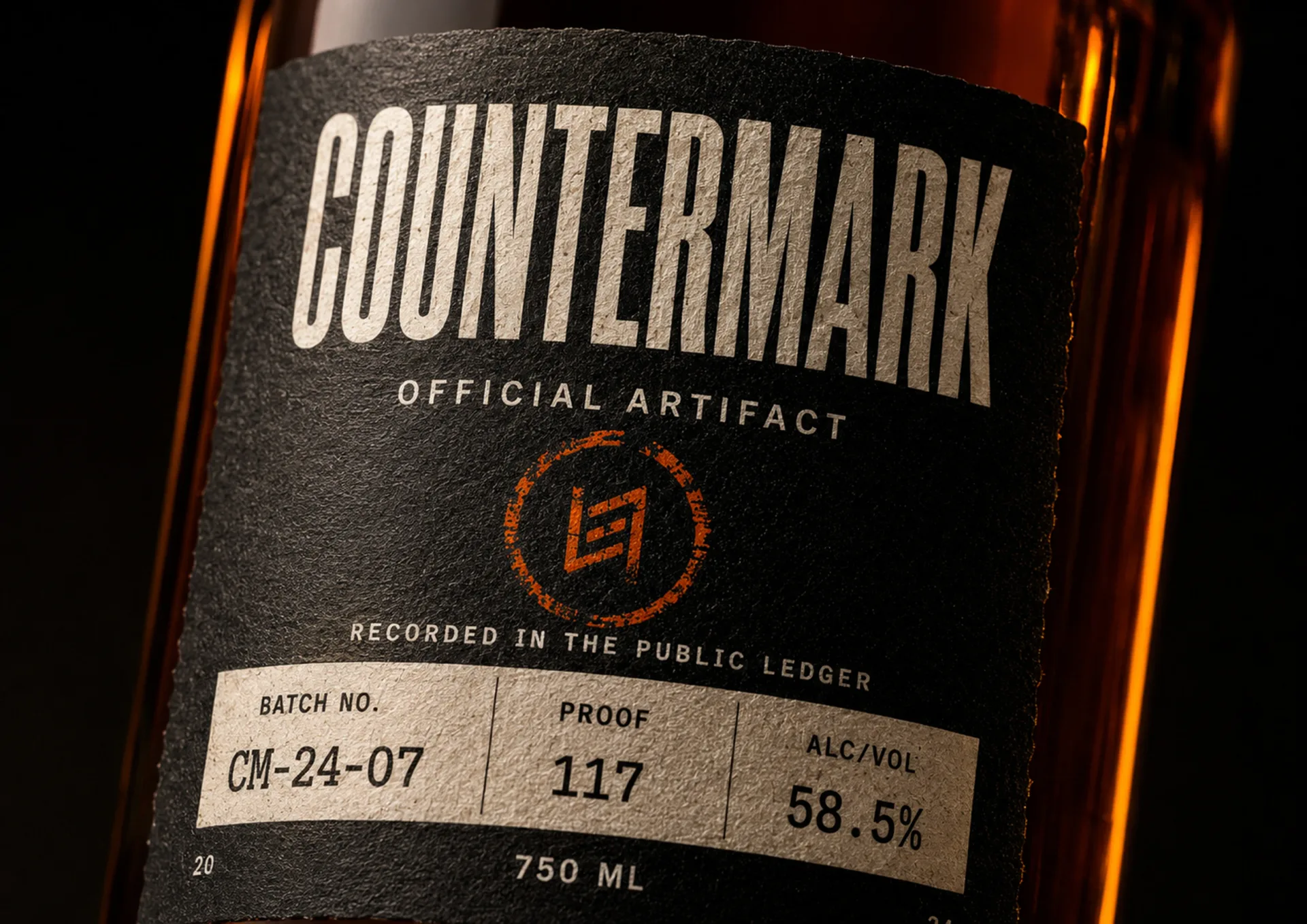Countermark — Countermark bottle label detail with batch number, proof, and public ledger language