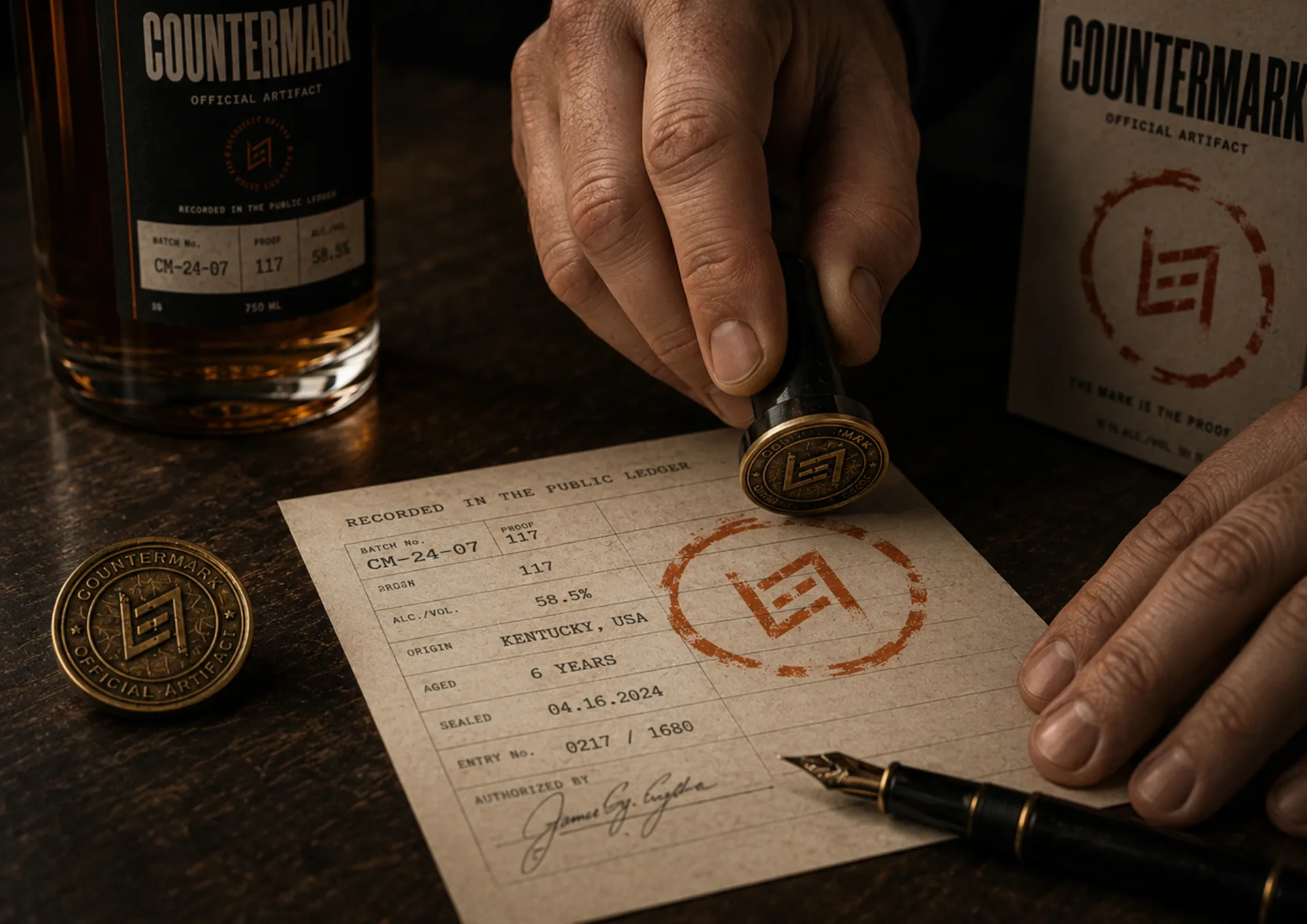 Countermark — Countermark paper ledger being stamped beside bottle, package, pen, and metal proof coin