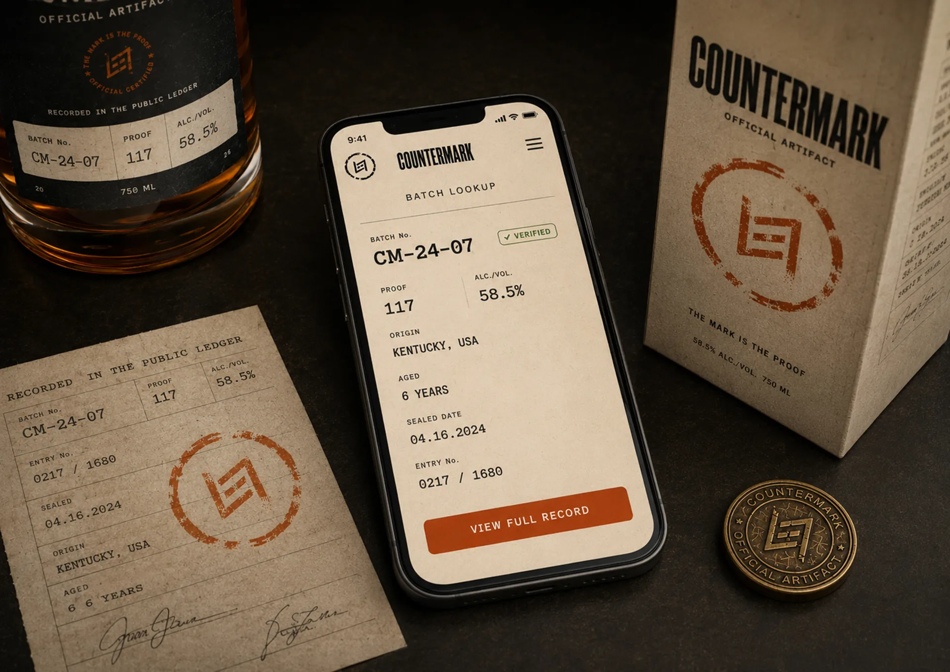 Countermark — Countermark mobile verification screen beside bottle, paper ledger, package, and proof seal