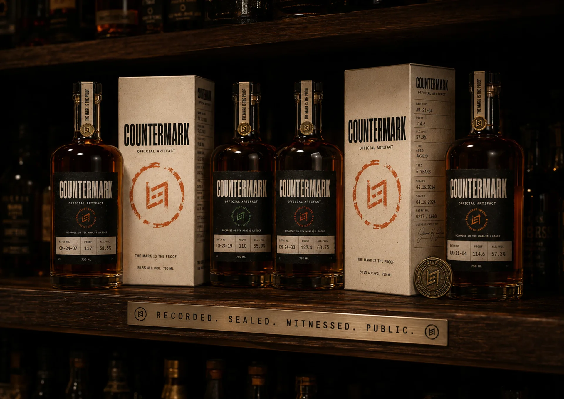 Countermark — Countermark bottles and cartons arranged on a dark shelf