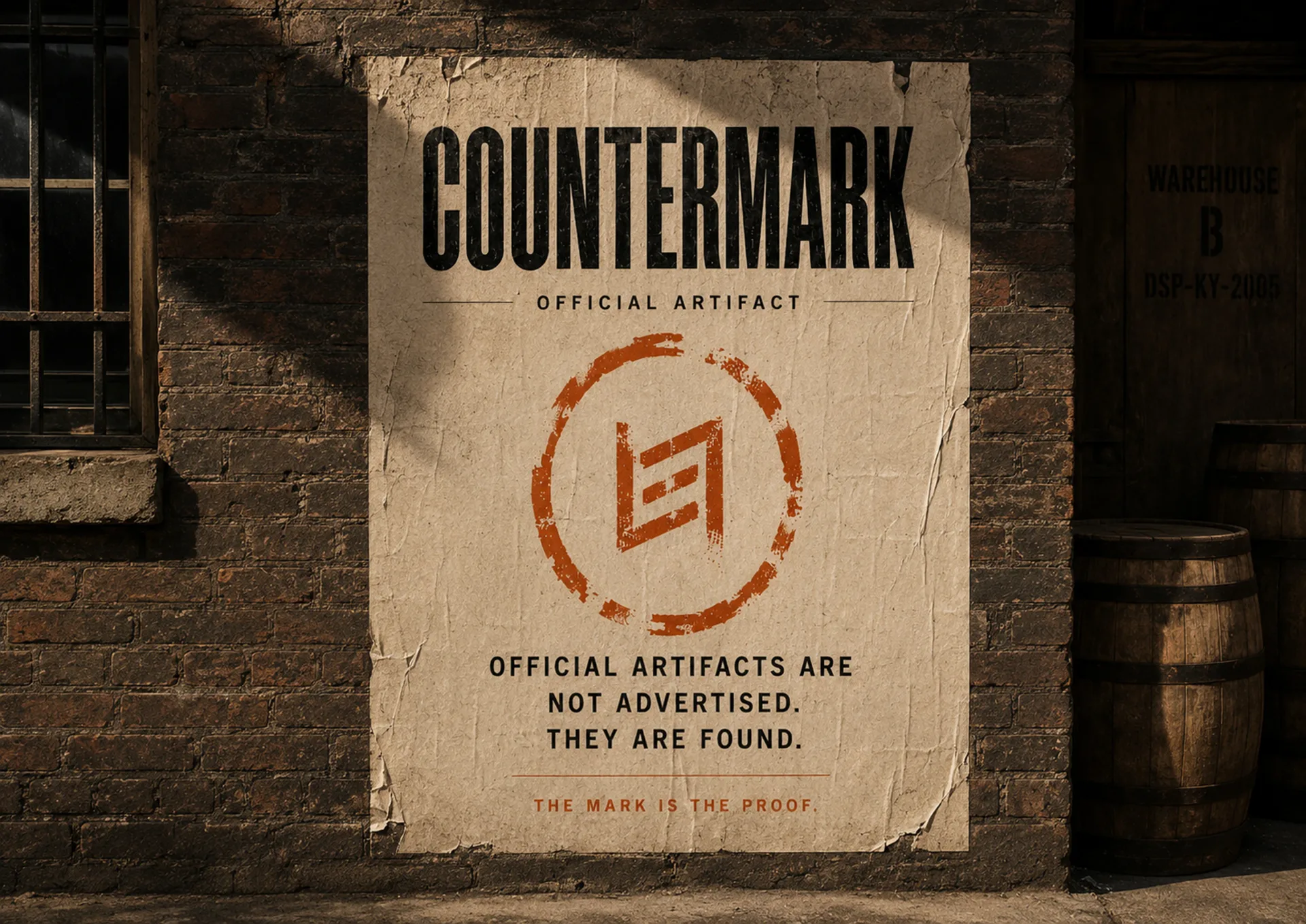 Countermark — Countermark wall poster with stamped proof mark on a brick exterior