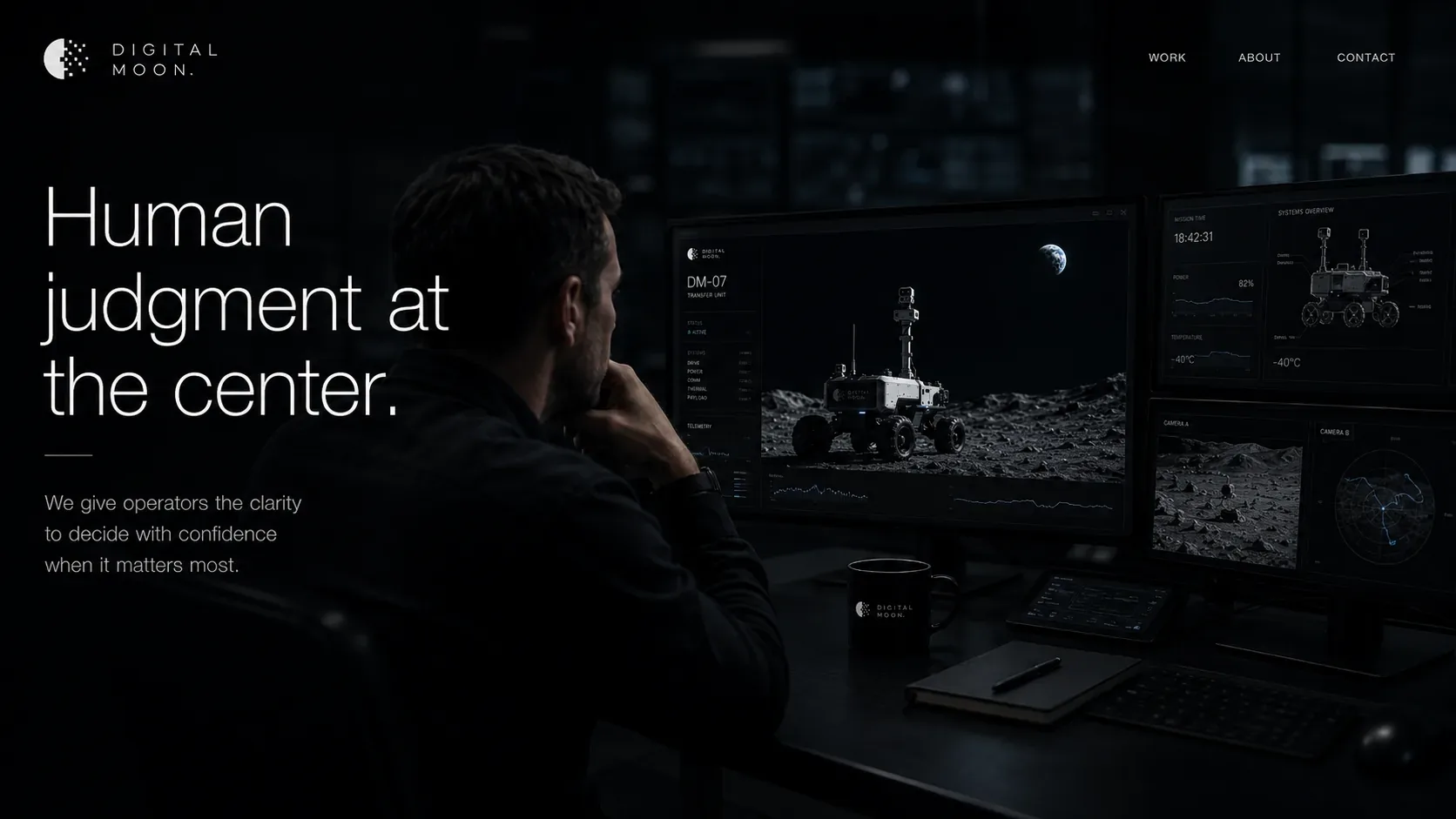 Digital Moon — Digital Moon operator viewing rover dashboards, lunar camera feeds, telemetry graphs, and systems panels in a dark command room