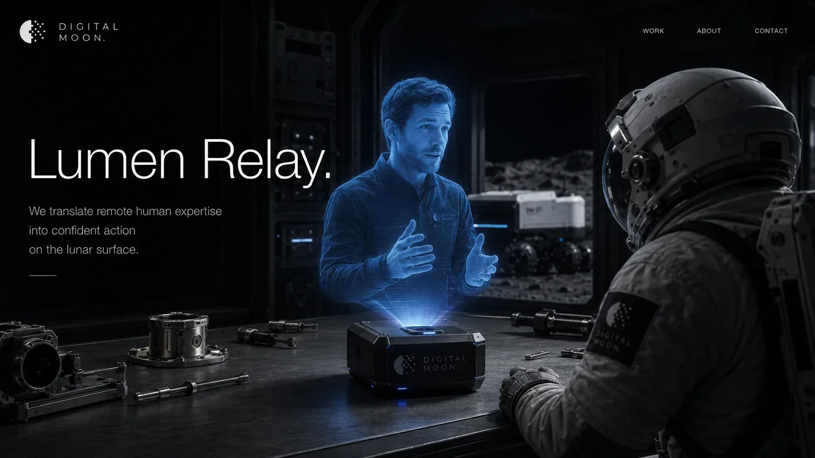Digital Moon — Digital Moon Lumen Relay with a blue holographic expert speaking to an astronaut at a service table