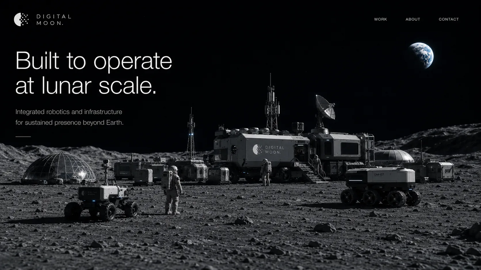 Digital Moon — Digital Moon lunar infrastructure scene with rovers, astronauts, habitat, relay towers, and integrated robotics beyond Earth