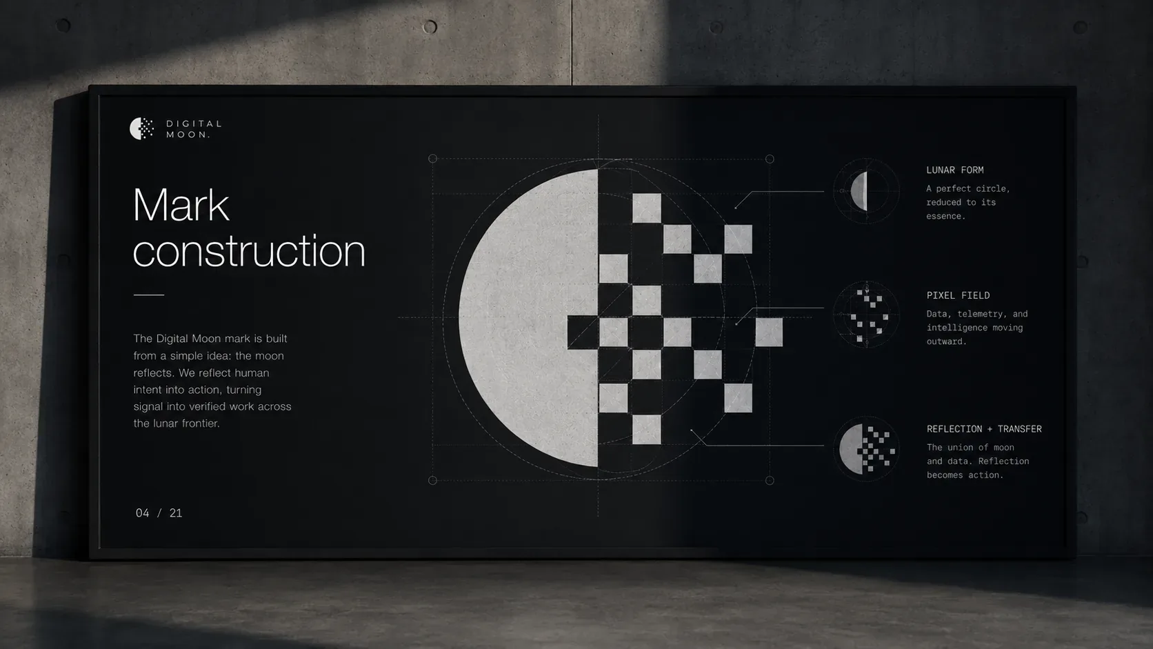 Digital Moon — Digital Moon mark construction board showing a moon shape resolving into a pixel field with lunar form, data, telemetry, and reflection notes