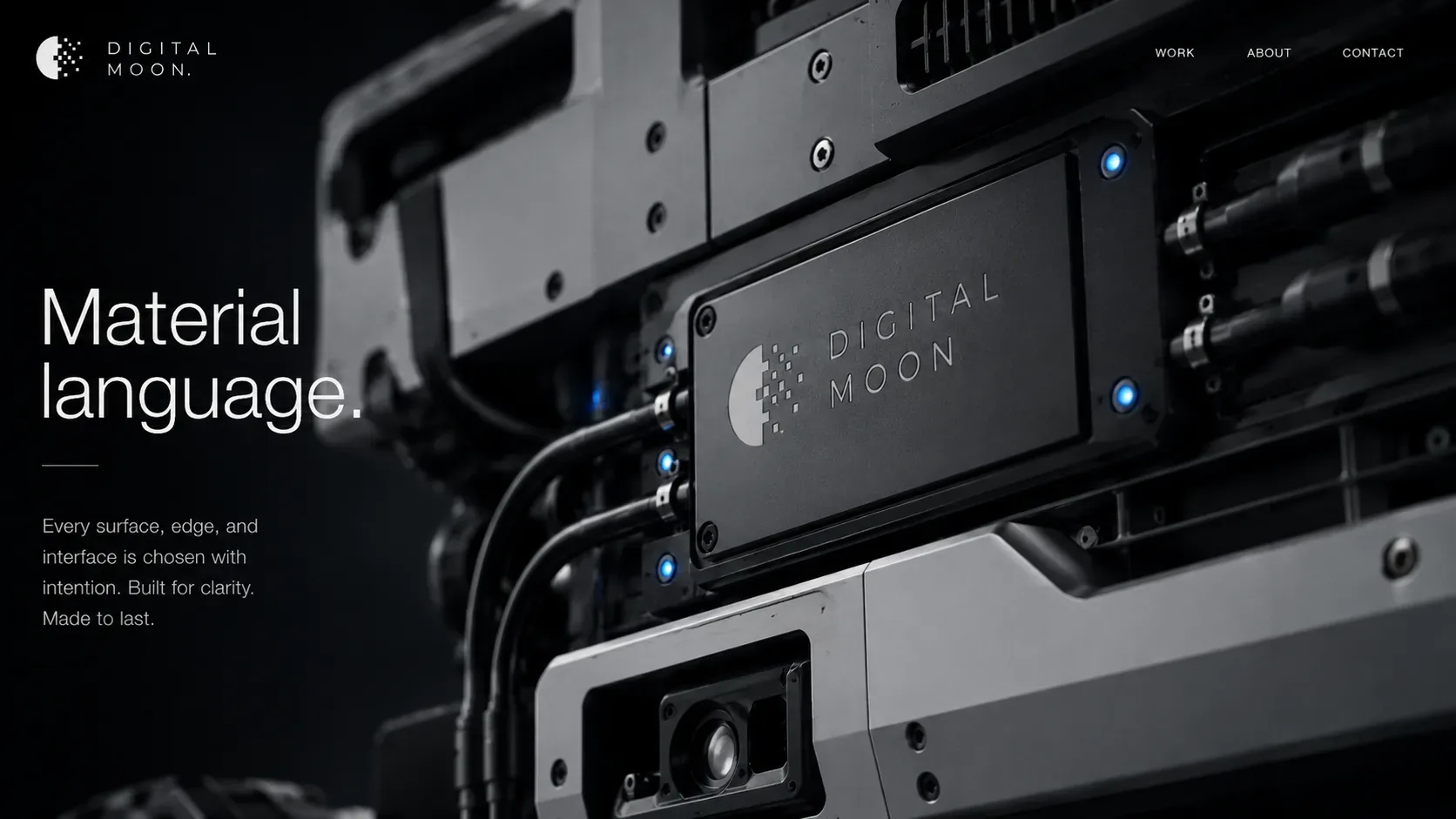 Digital Moon — Digital Moon branded robotics hardware panel with engraved logo, dark material surface, cables, screws, and blue indicator lights