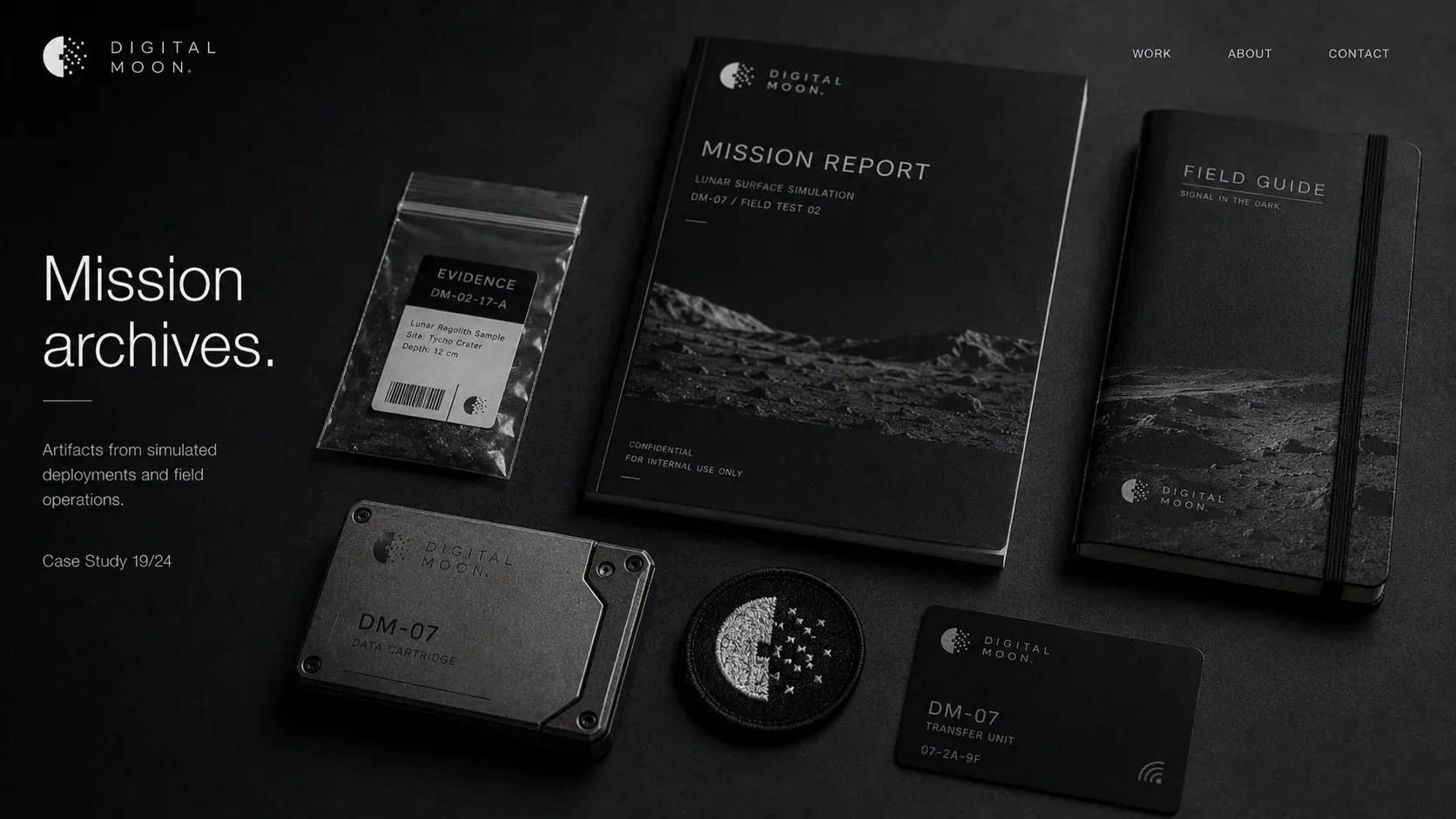 Digital Moon — Digital Moon mission archives with evidence bag, mission report, field guide, patch, data cartridge, and access card