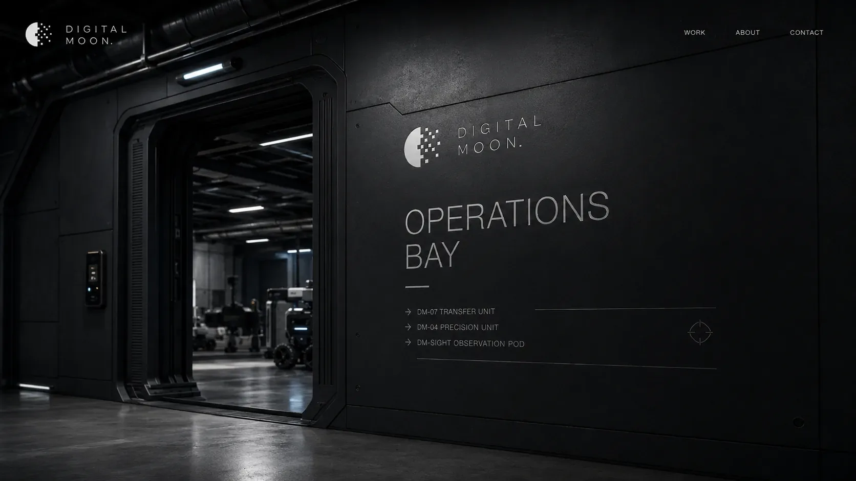 Digital Moon — Digital Moon operations bay wall signage with logo, bay label, arrows to DM-07, DM-04, and DM-Sight, and robotics visible through the doorway