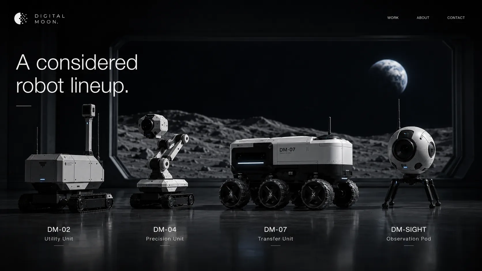 Digital Moon — Digital Moon robot lineup showing DM-02 utility unit, DM-04 precision unit, DM-07 transfer unit, and DM-Sight observation pod
