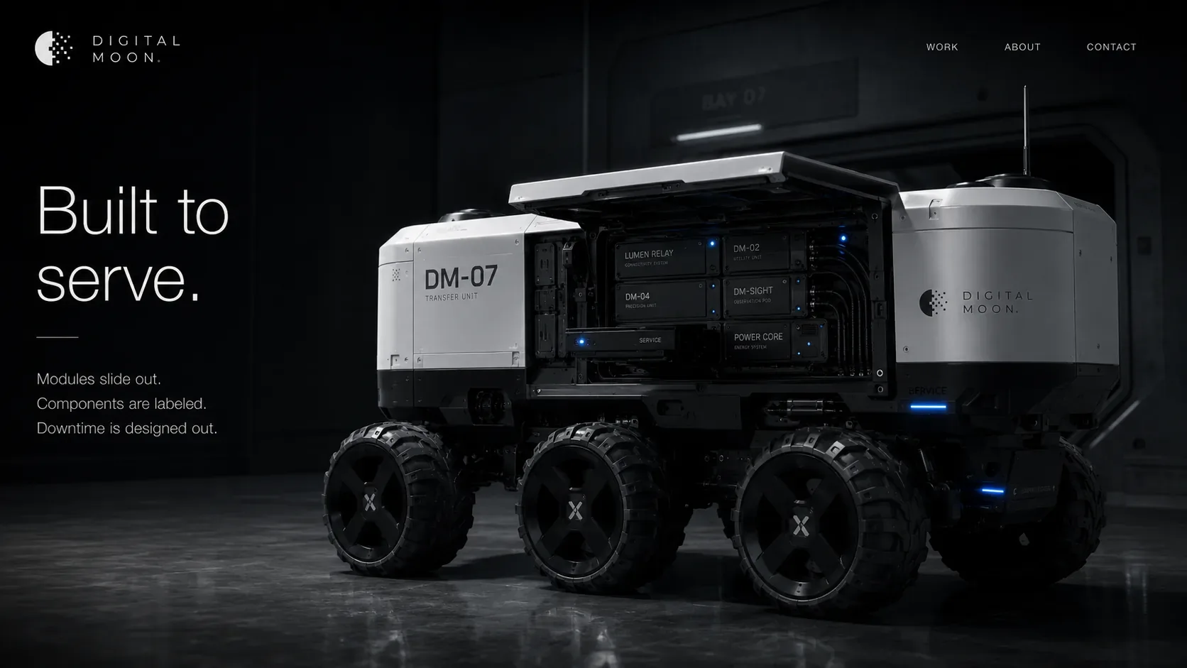Digital Moon — Digital Moon DM-07 transfer unit with service panel open, labeled modules, power core, communications units, and blue operational lights
