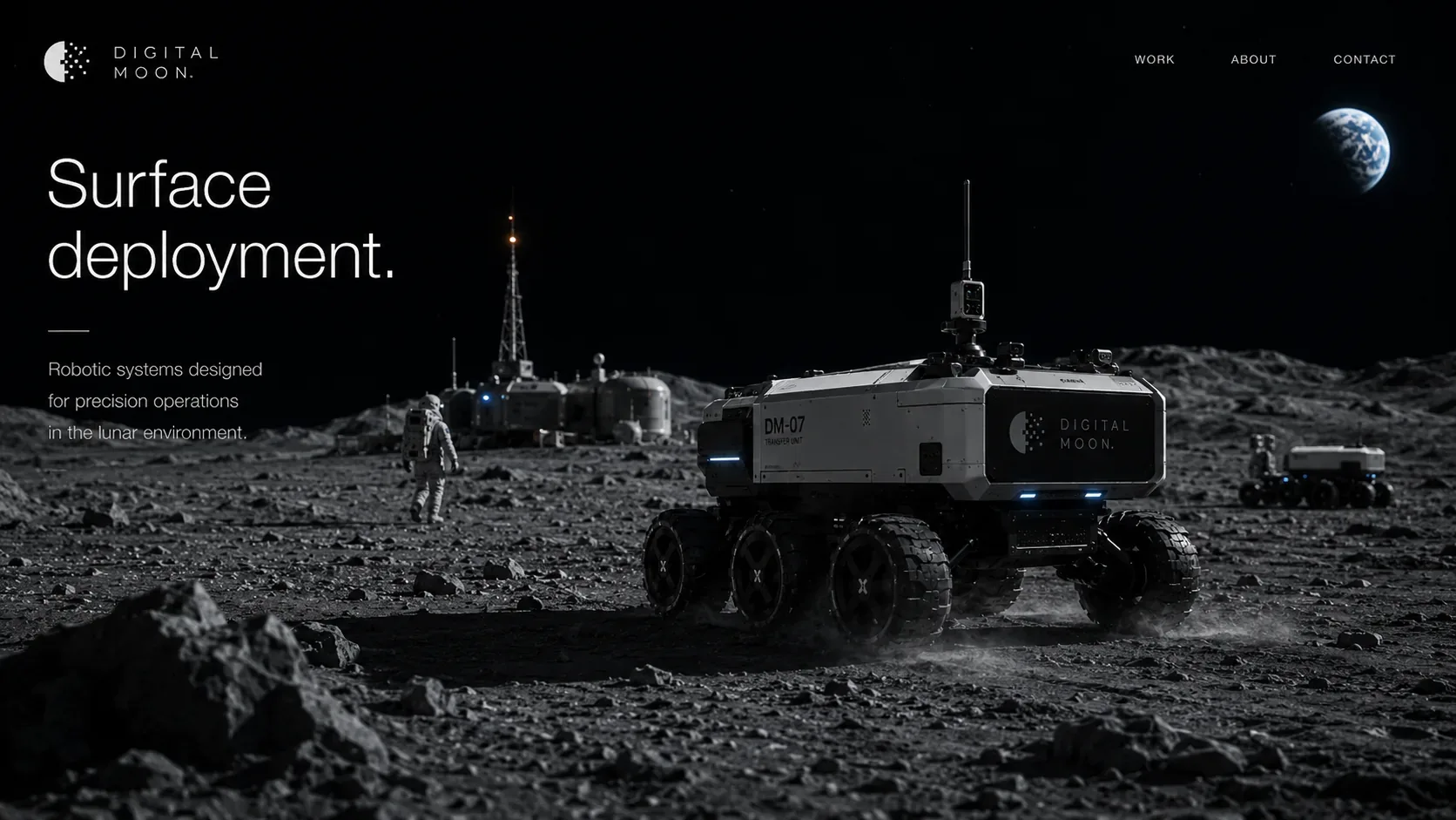 Digital Moon — Digital Moon rover on the lunar surface with astronaut, base infrastructure, Earth in the sky, and surface deployment messaging