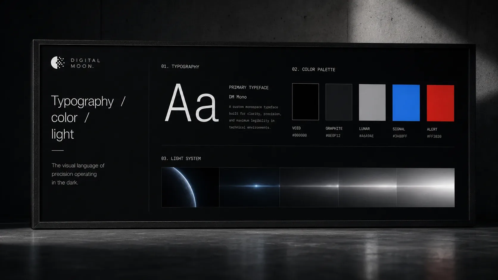 Digital Moon — Digital Moon typography, color, and light system board with monochrome type, color chips, and horizontal light assets